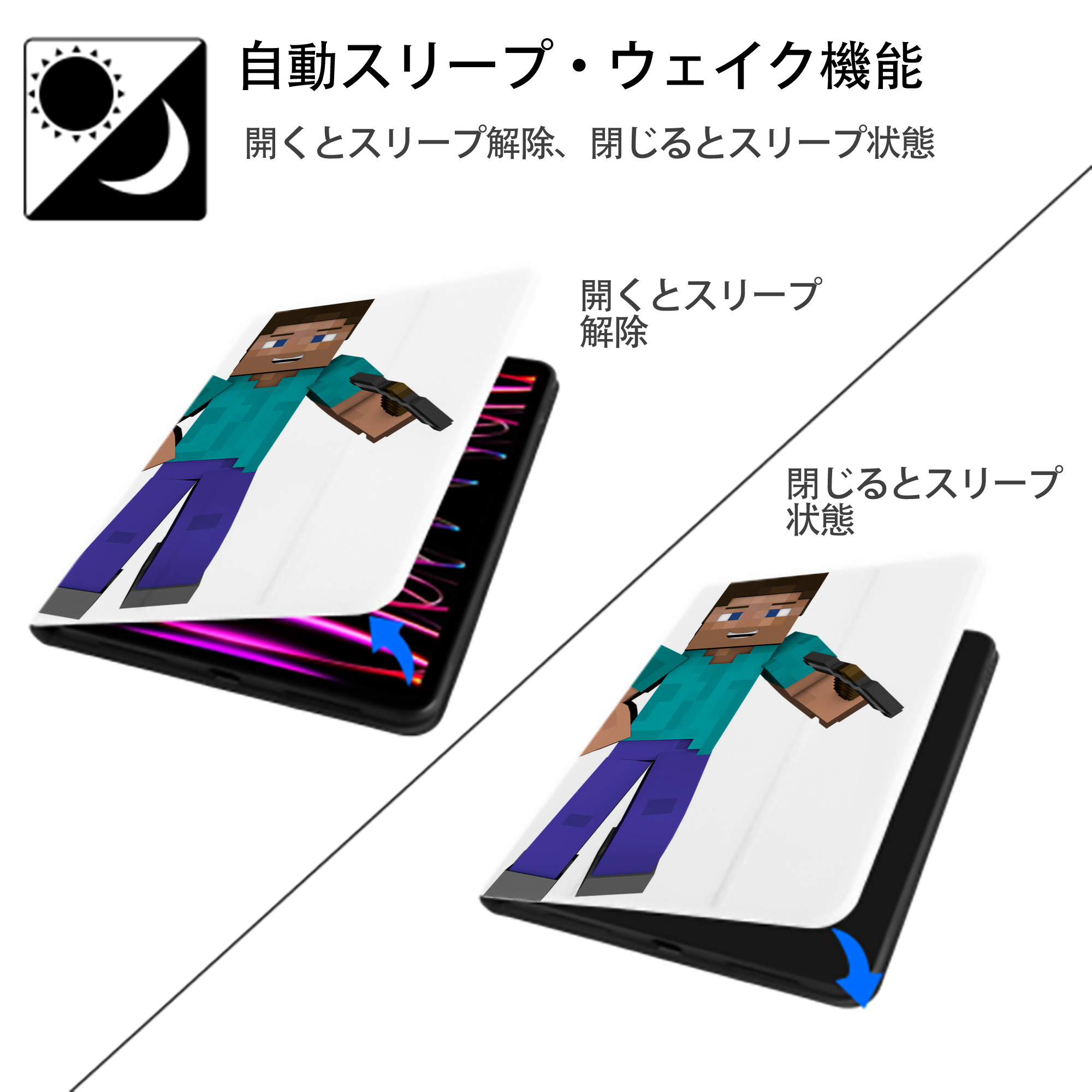 マインクラフト ブロックの世界 Minecraft MC Block world IPad ケース ペン収納付き 三つ折りスタンド PUレザー×シリコン 対応機種9.5/10.5/10.9インチ