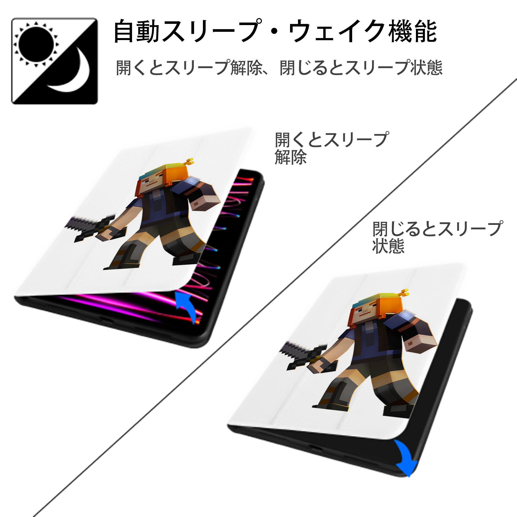 マインクラフト ブロックの世界 Minecraft MC Block world IPad ケース ペン収納付き 三つ折りスタンド PUレザー×シリコン 対応機種9.5/10.5/10.9インチ