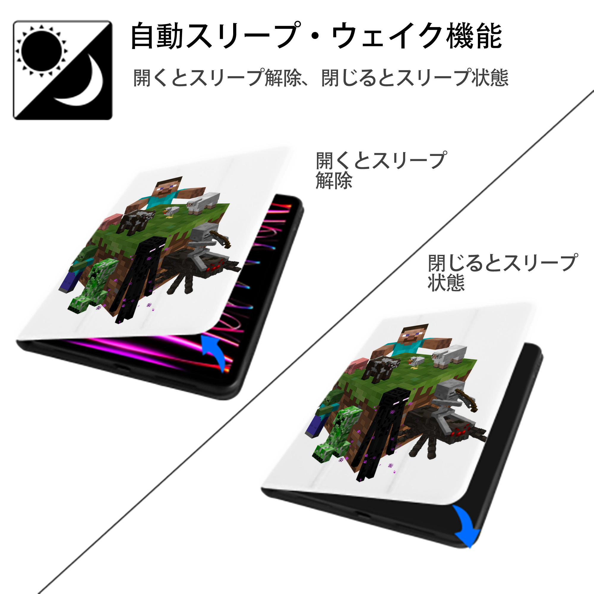 マインクラフト ブロックの世界 Minecraft MC Block world IPad ケース ペン収納付き 三つ折りスタンド PUレザー×シリコン 対応機種9.5/10.5/10.9インチ