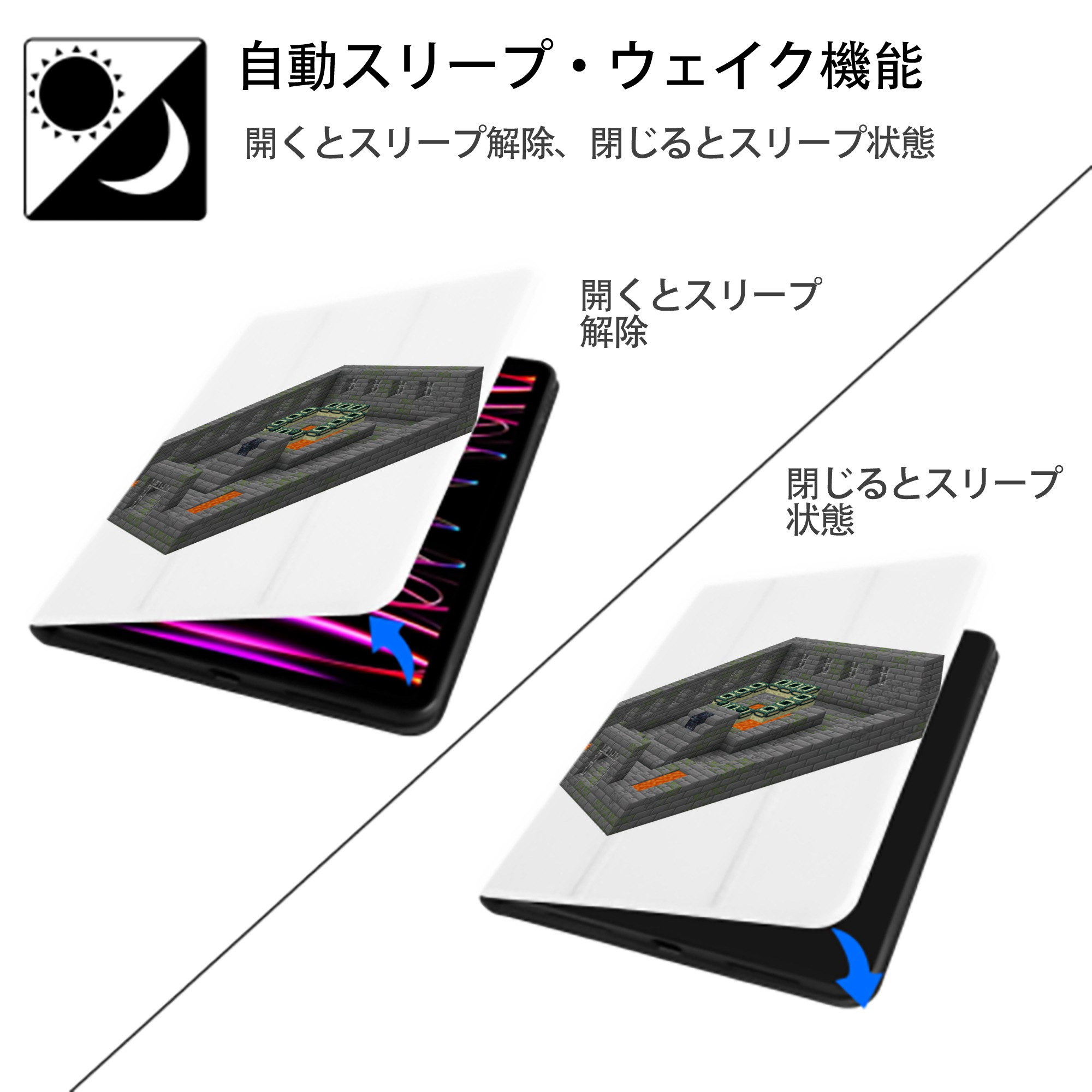 マインクラフト ブロックの世界 Minecraft MC Block world IPad ケース ペン収納付き 三つ折りスタンド PUレザー×シリコン 対応機種9.5/10.5/10.9インチ