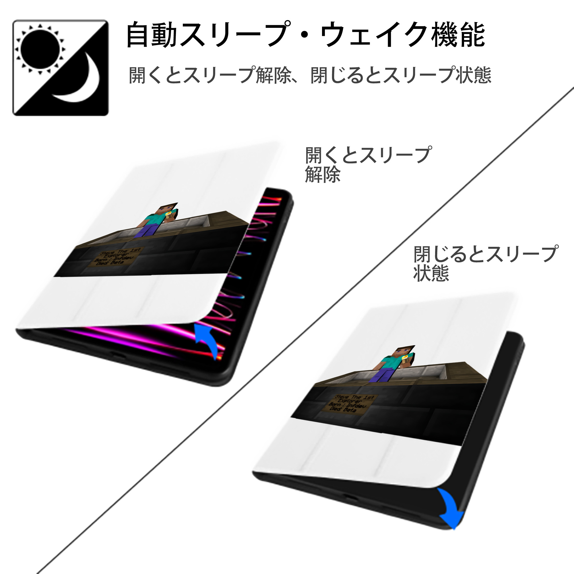 マインクラフト ブロックの世界 Minecraft MC Block world IPad ケース ペン収納付き 三つ折りスタンド PUレザー×シリコン 対応機種9.5/10.5/10.9インチ
