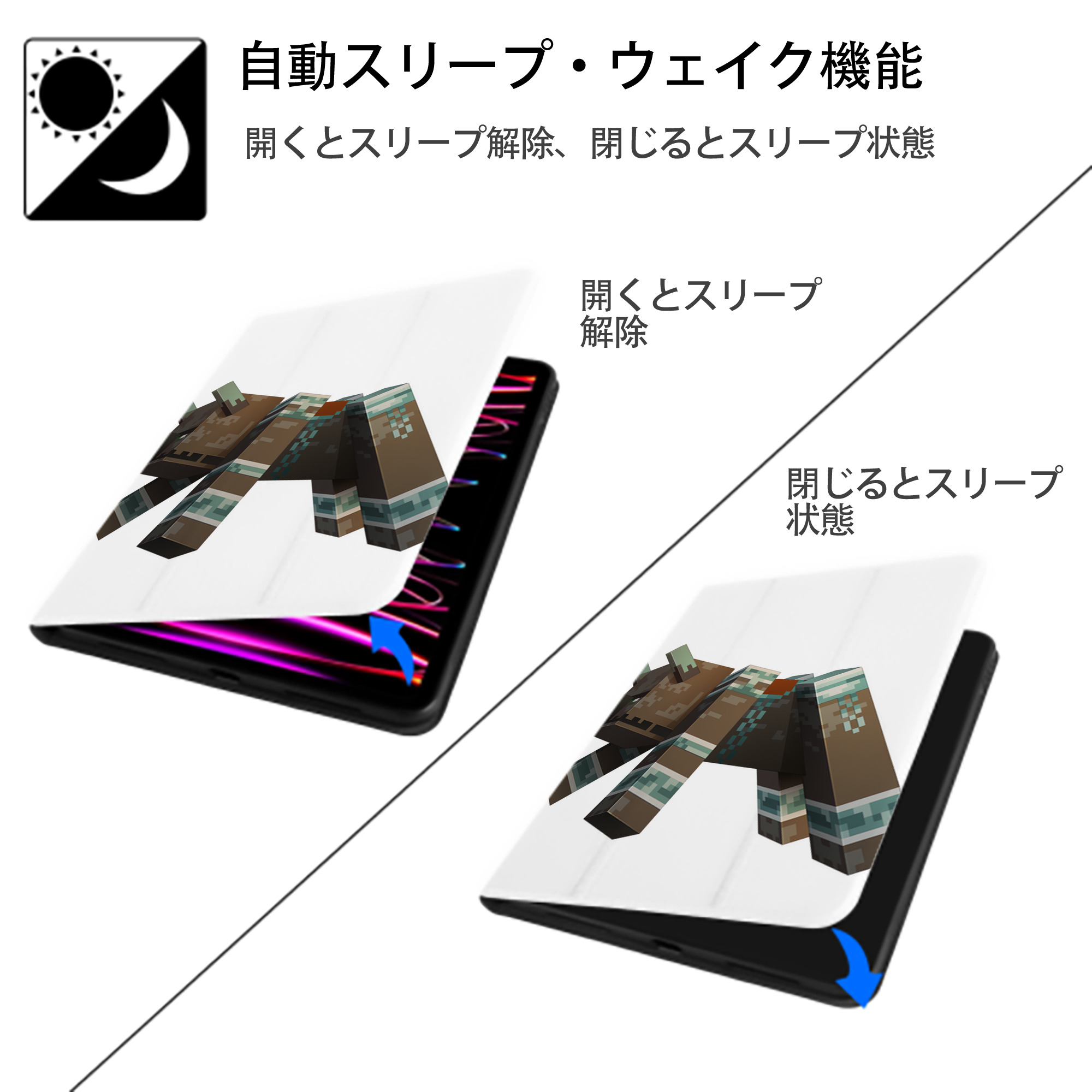マインクラフト ブロックの世界 Minecraft MC Block world IPad ケース ペン収納付き 三つ折りスタンド PUレザー×シリコン 対応機種9.5/10.5/10.9インチ