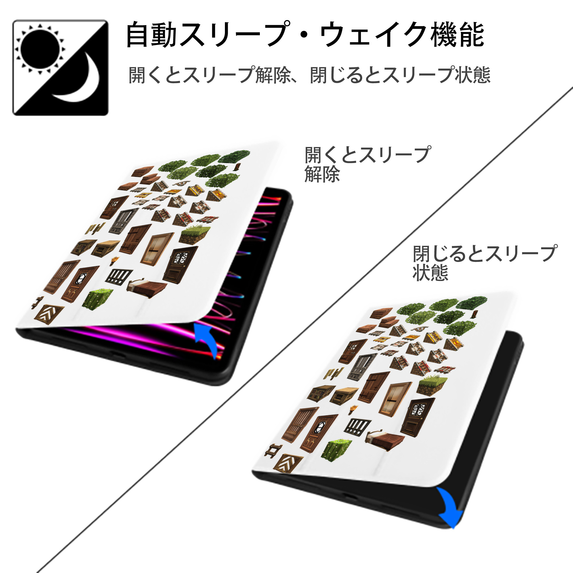 マインクラフト ブロックの世界 Minecraft MC Block world IPad ケース ペン収納付き 三つ折りスタンド PUレザー×シリコン 対応機種9.5/10.5/10.9インチ