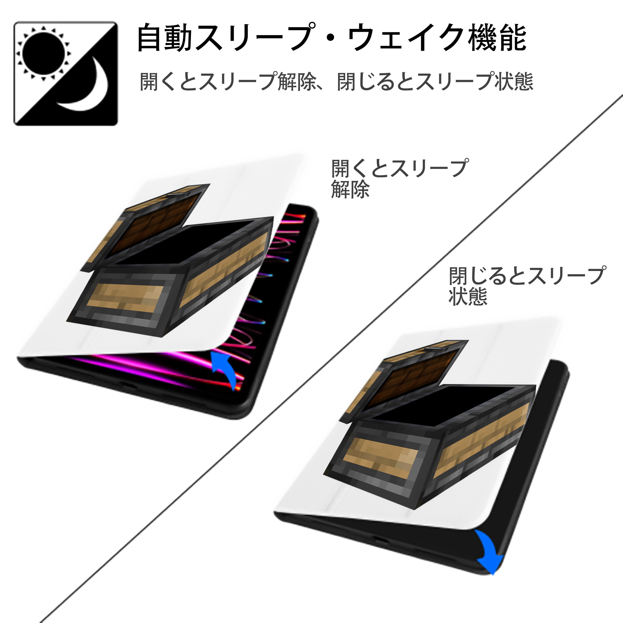 マインクラフト ブロックの世界 Minecraft MC Block world IPad ケース ペン収納付き 三つ折りスタンド PUレザー×シリコン 対応機種9.5/10.5/10.9インチ