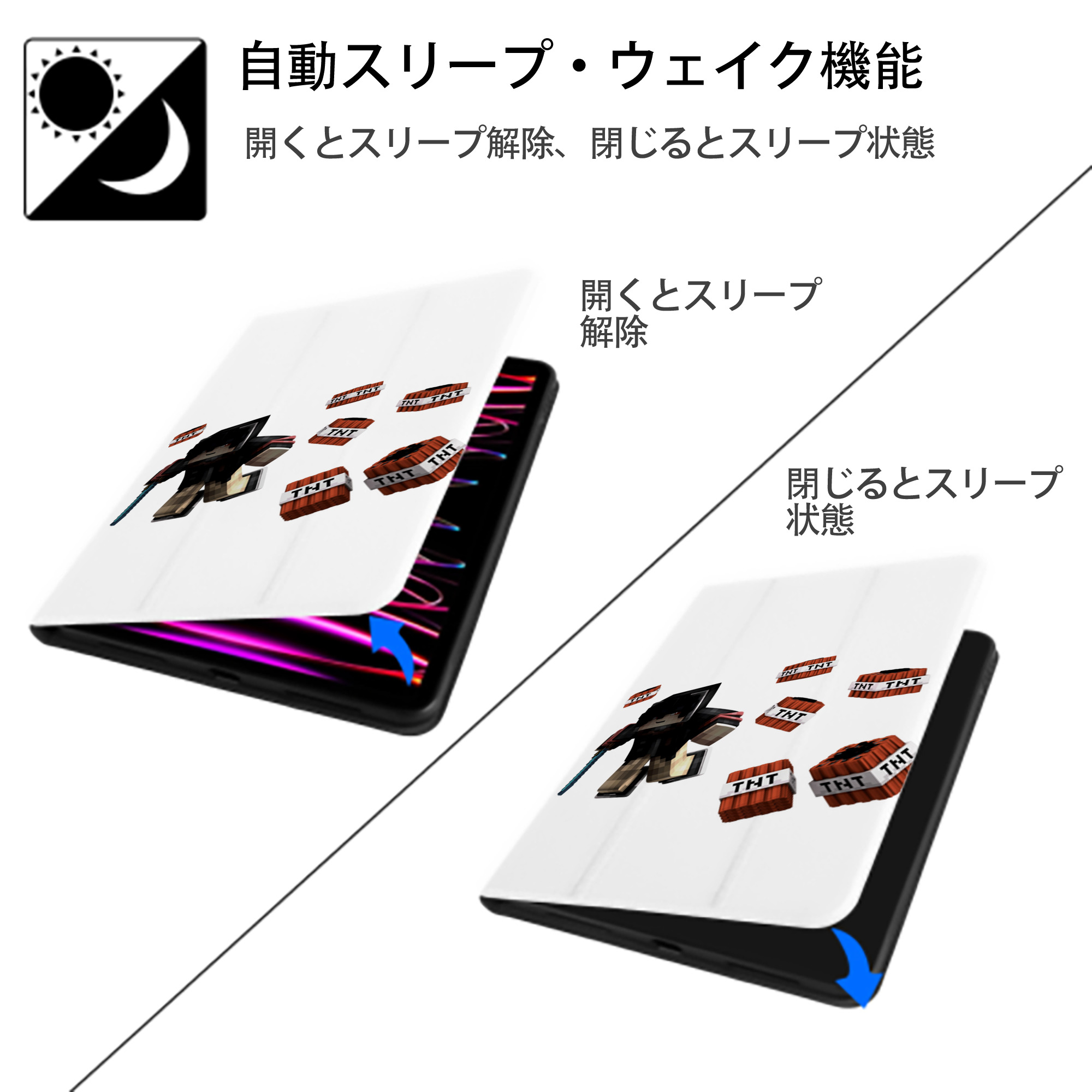 マインクラフト ブロックの世界 Minecraft MC Block world IPad ケース ペン収納付き 三つ折りスタンド PUレザー×シリコン 対応機種9.5/10.5/10.9インチ