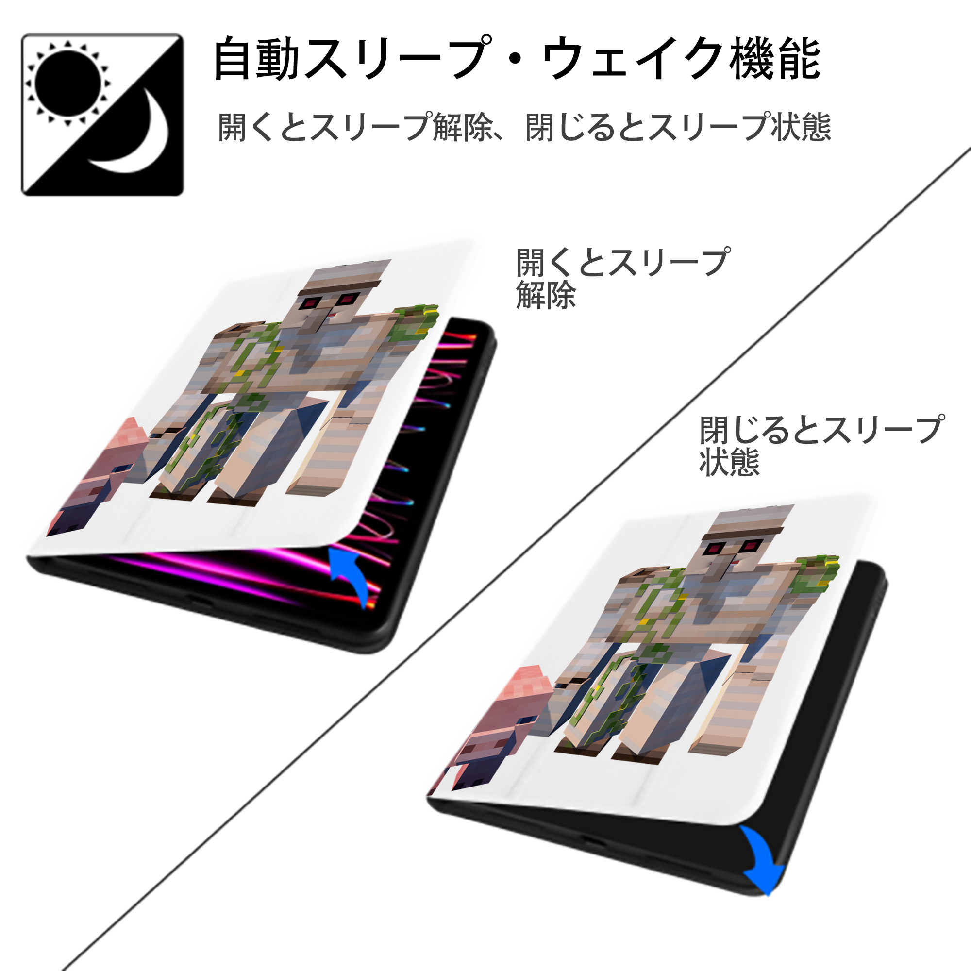 マインクラフト ブロックの世界 Minecraft MC Block world IPad ケース ペン収納付き 三つ折りスタンド PUレザー×シリコン 対応機種9.5/10.5/10.9インチ