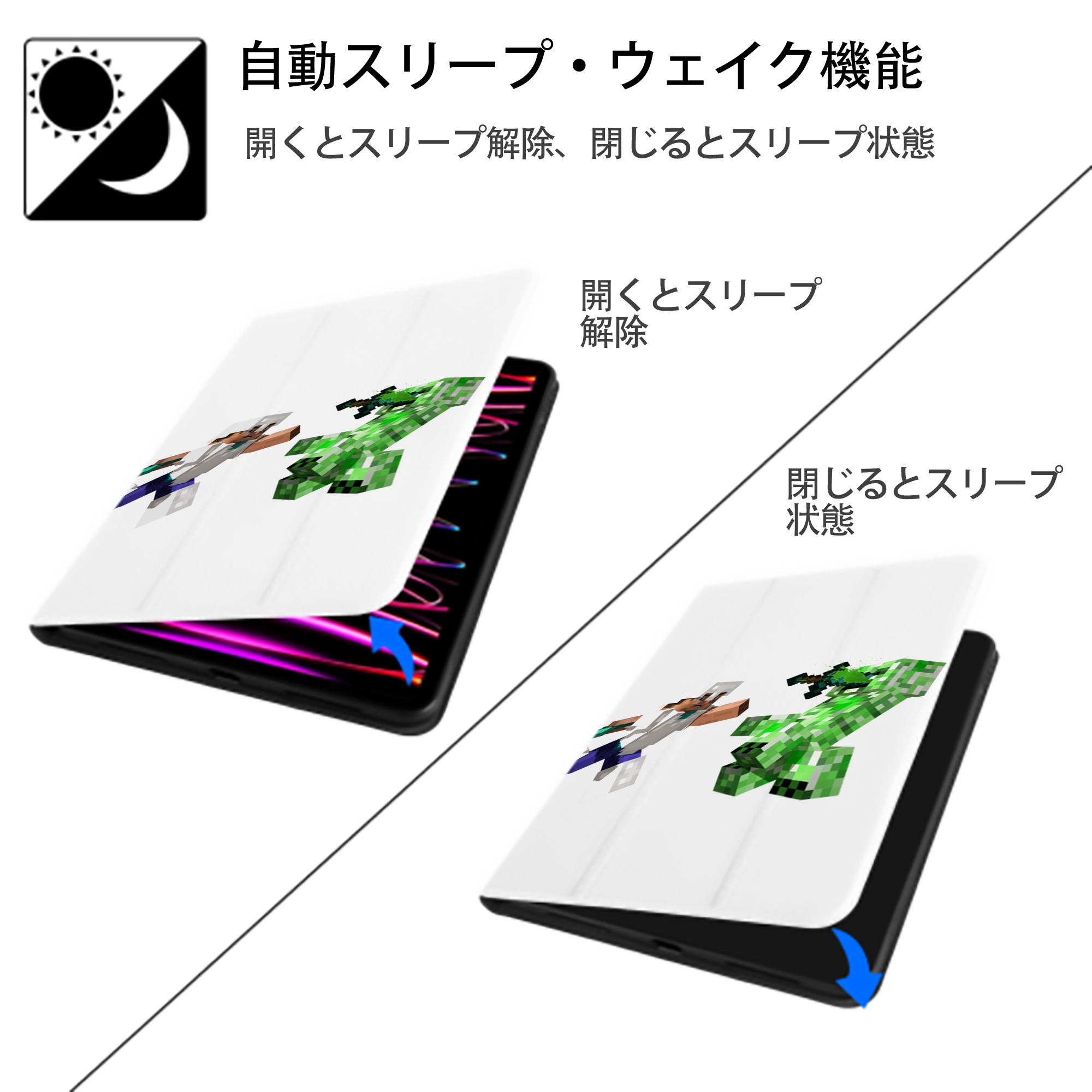 マインクラフト ブロックの世界 Minecraft MC Block world IPad ケース ペン収納付き 三つ折りスタンド PUレザー×シリコン 対応機種9.5/10.5/10.9インチ