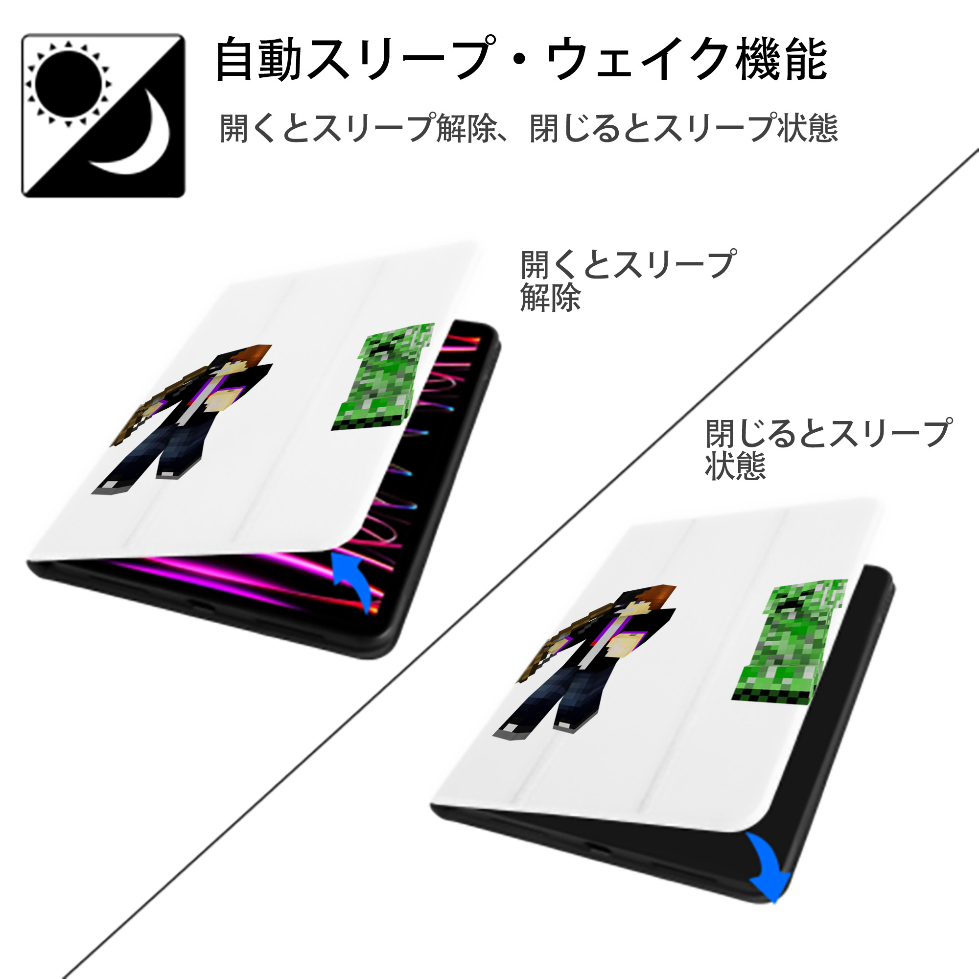 マインクラフト ブロックの世界 Minecraft MC Block world IPad ケース ペン収納付き 三つ折りスタンド PUレザー×シリコン 対応機種9.5/10.5/10.9インチ