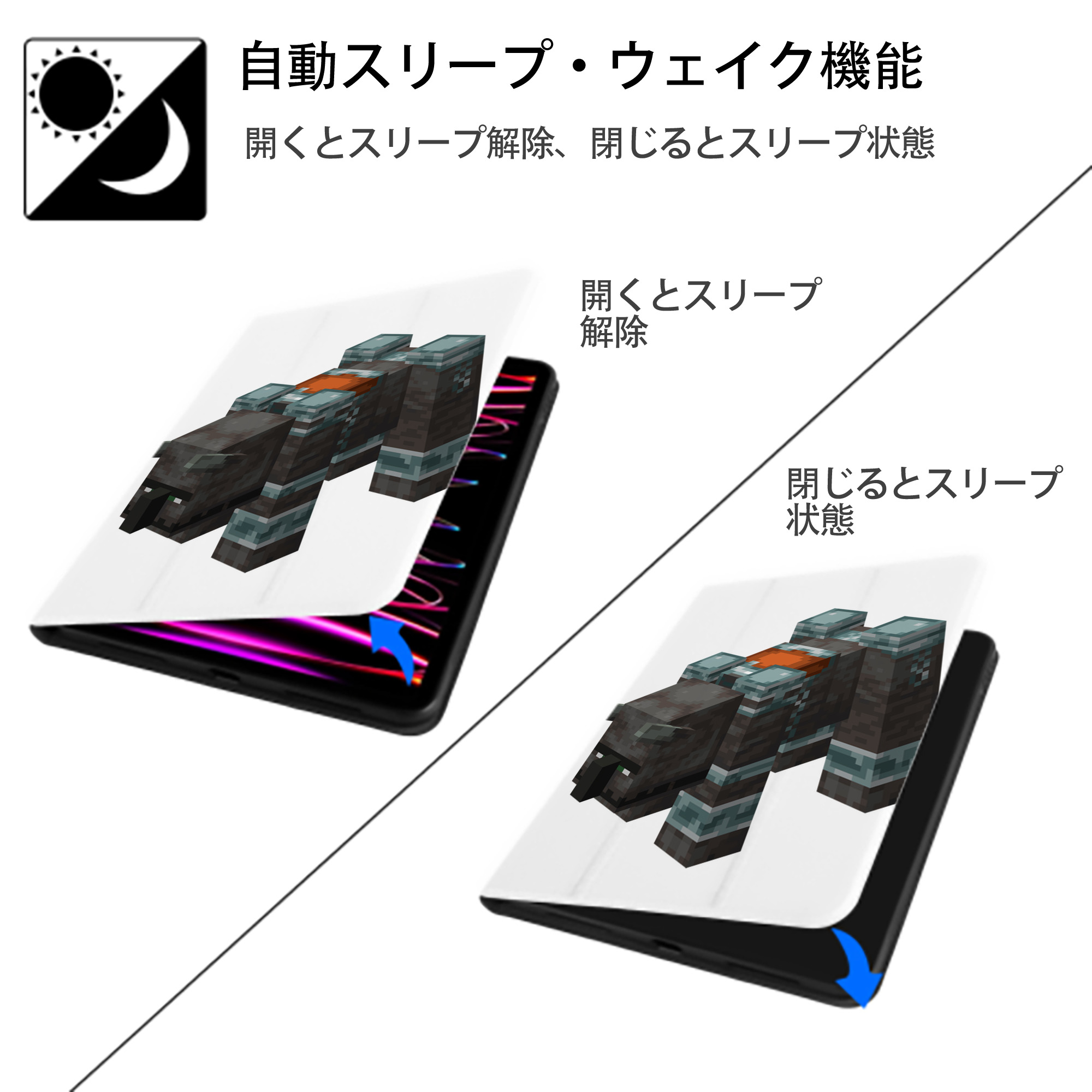 マインクラフト ブロックの世界 Minecraft MC Block world IPad ケース ペン収納付き 三つ折りスタンド PUレザー×シリコン 対応機種9.5/10.5/10.9インチ