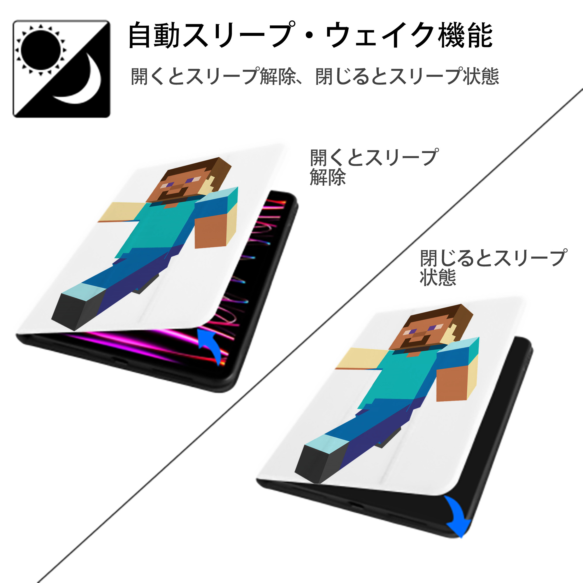 マインクラフト ブロックの世界 Minecraft MC Block world IPad ケース ペン収納付き 三つ折りスタンド PUレザー×シリコン 対応機種9.5/10.5/10.9インチ
