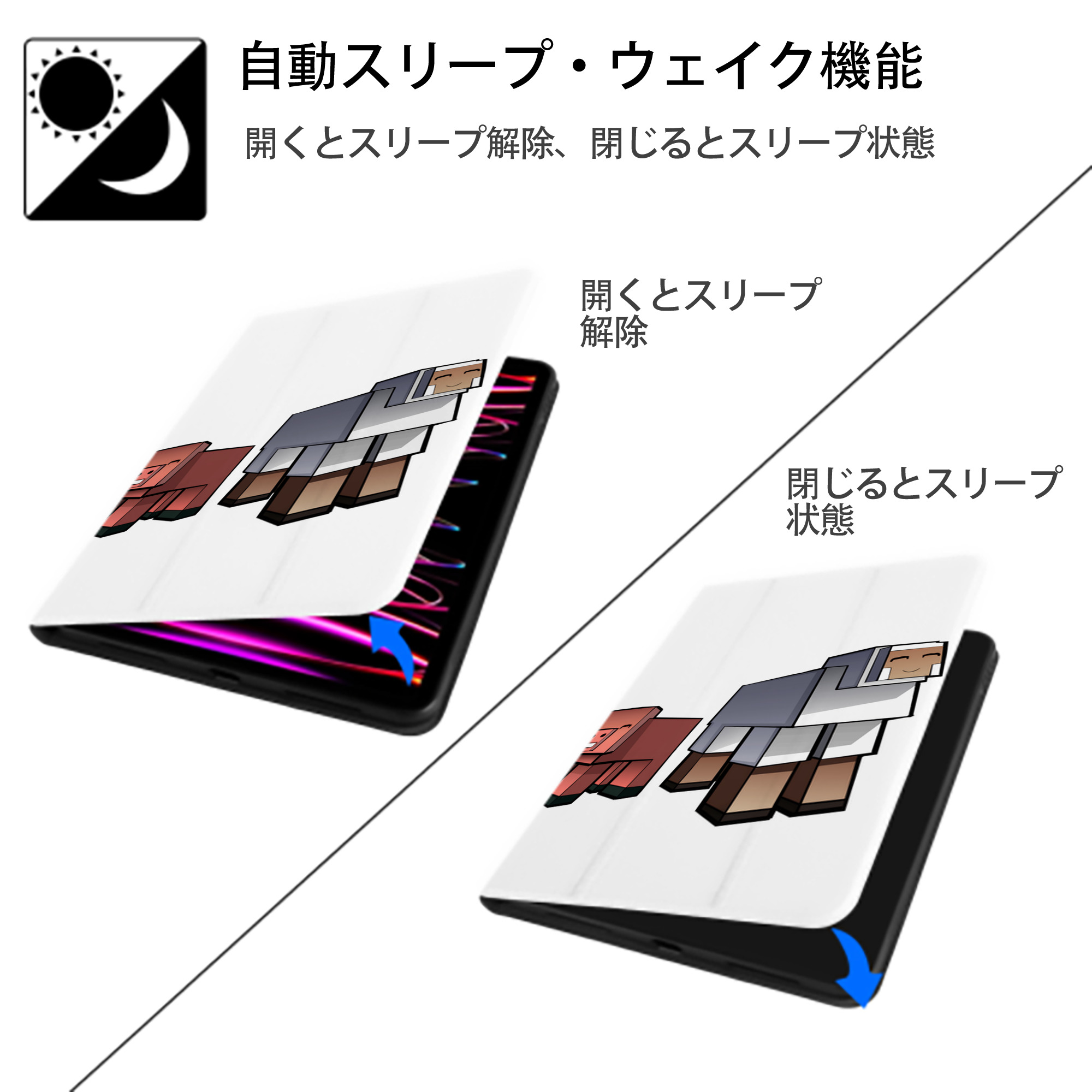 マインクラフト ブロックの世界 Minecraft MC Block world IPad ケース ペン収納付き 三つ折りスタンド PUレザー×シリコン 対応機種9.5/10.5/10.9インチ