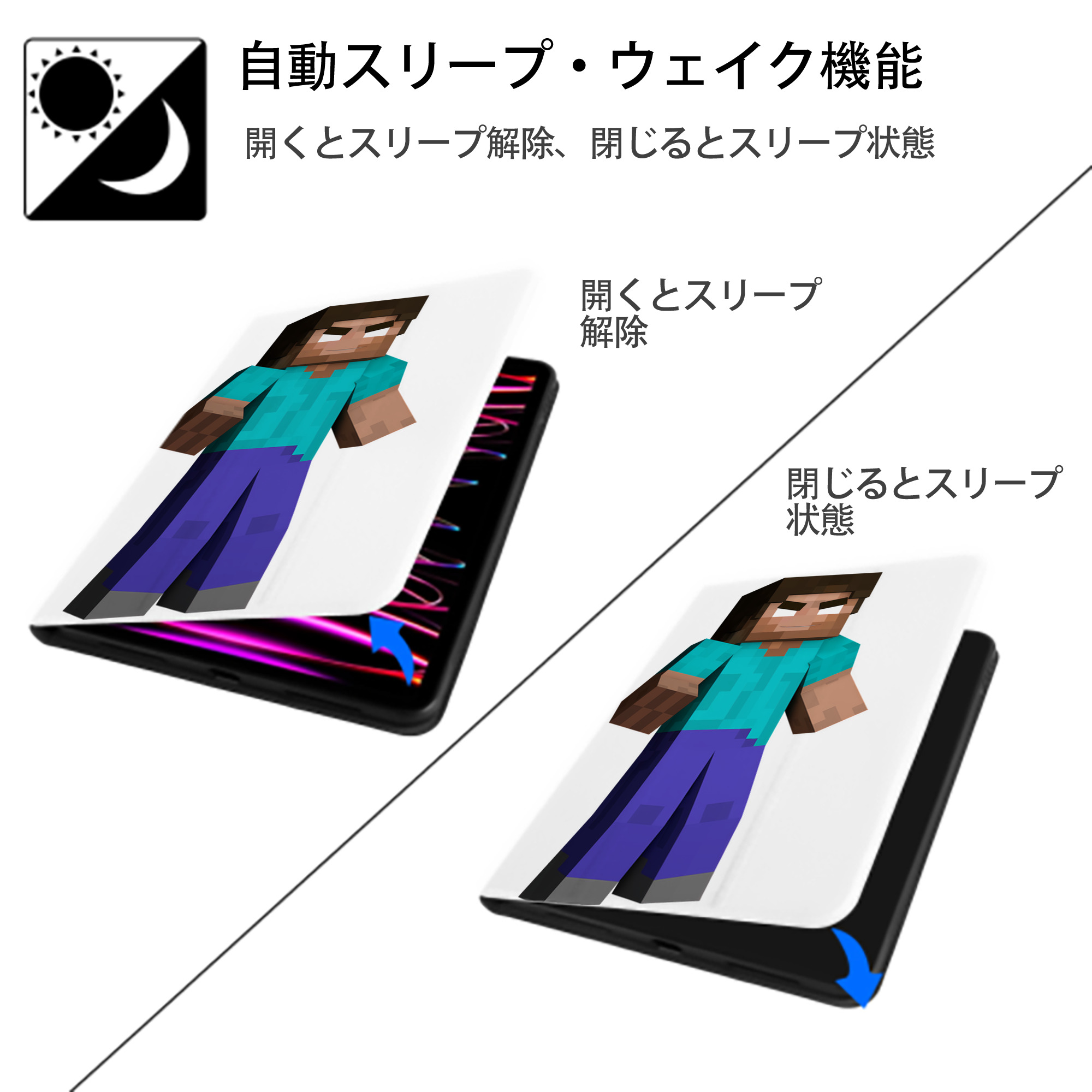 マインクラフト ブロックの世界 Minecraft MC Block world IPad ケース ペン収納付き 三つ折りスタンド PUレザー×シリコン 対応機種9.5/10.5/10.9インチ