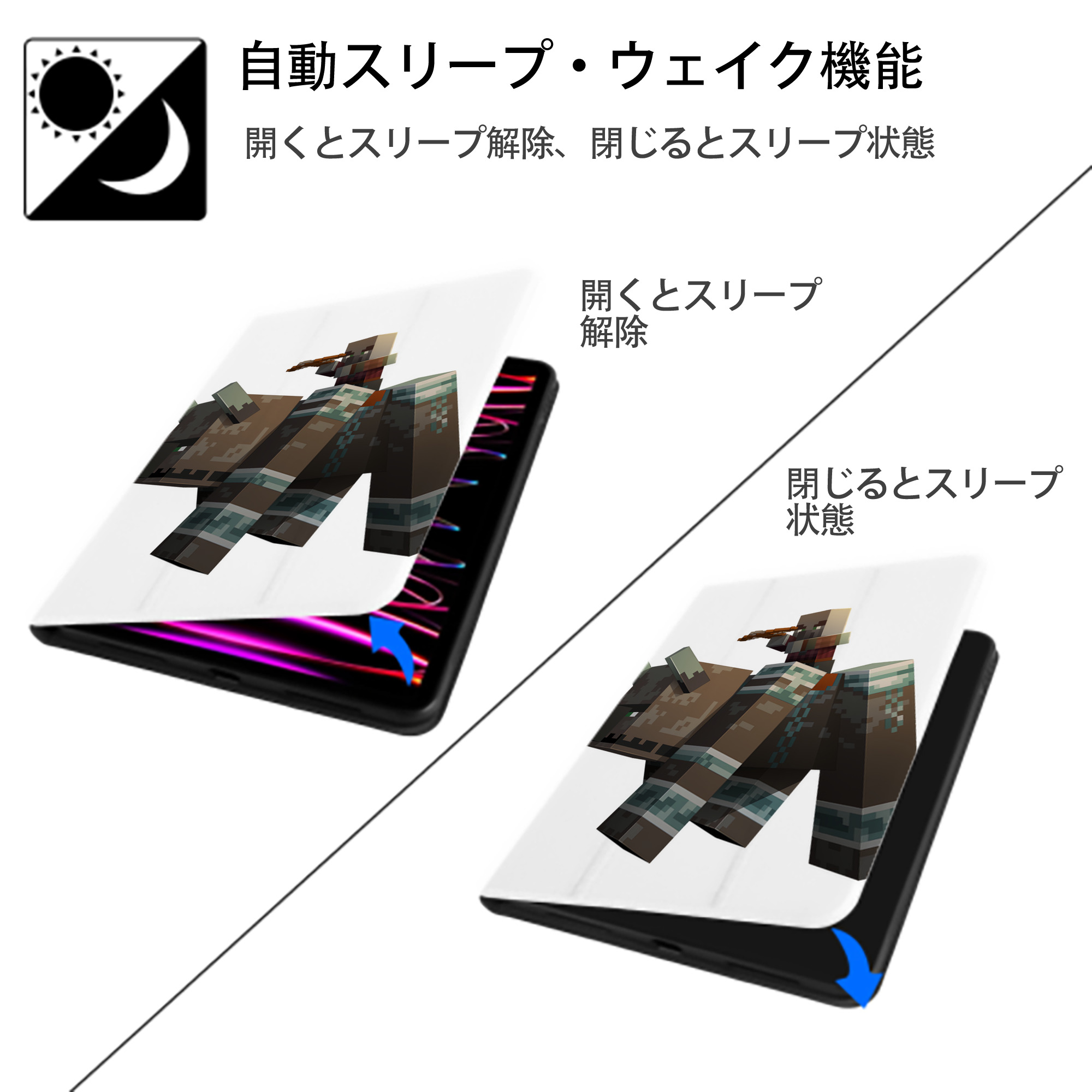 マインクラフト ブロックの世界 Minecraft MC Block world IPad ケース ペン収納付き 三つ折りスタンド PUレザー×シリコン 対応機種9.5/10.5/10.9インチ
