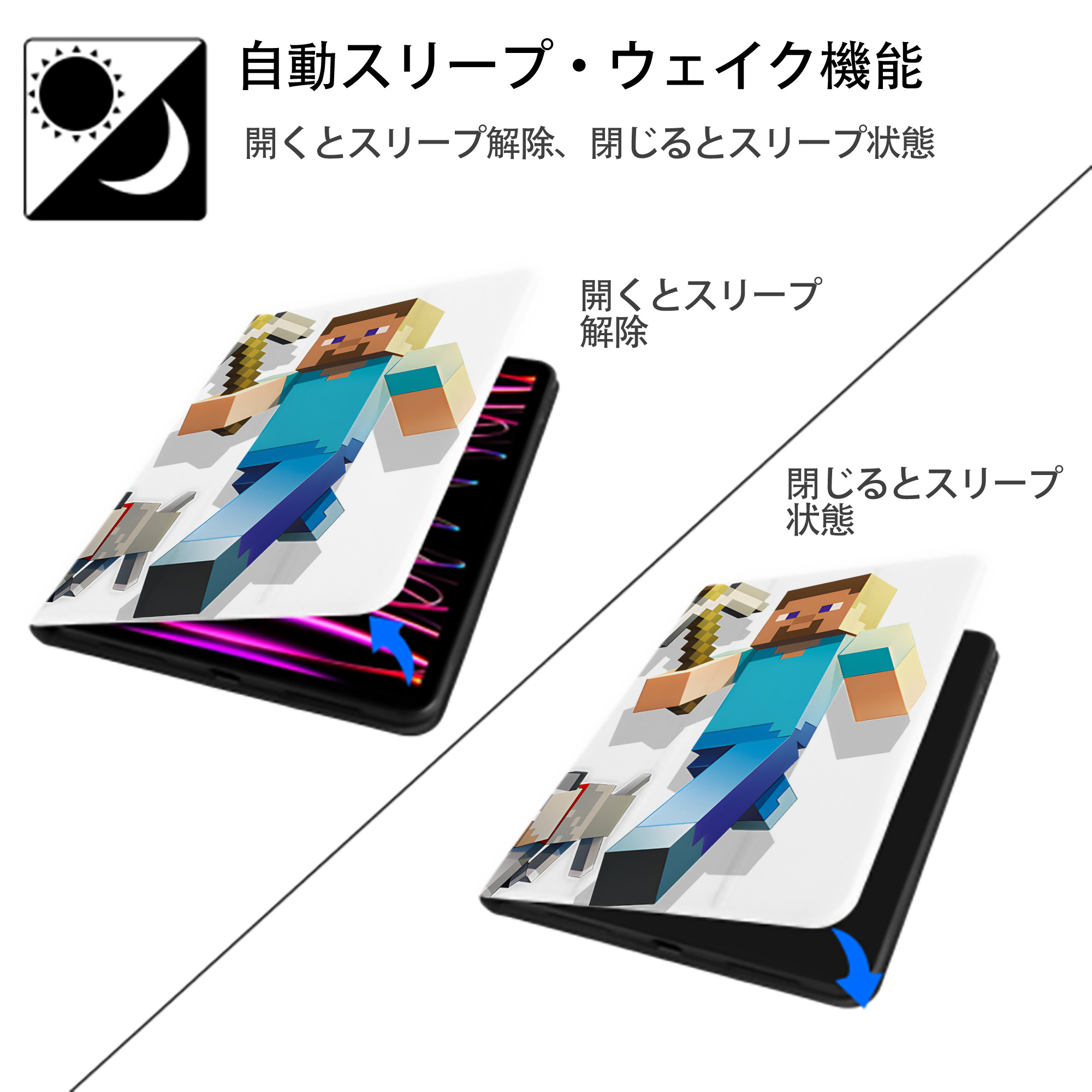 マインクラフト ブロックの世界 Minecraft MC Block world IPad ケース ペン収納付き 三つ折りスタンド PUレザー×シリコン 対応機種9.5/10.5/10.9インチ