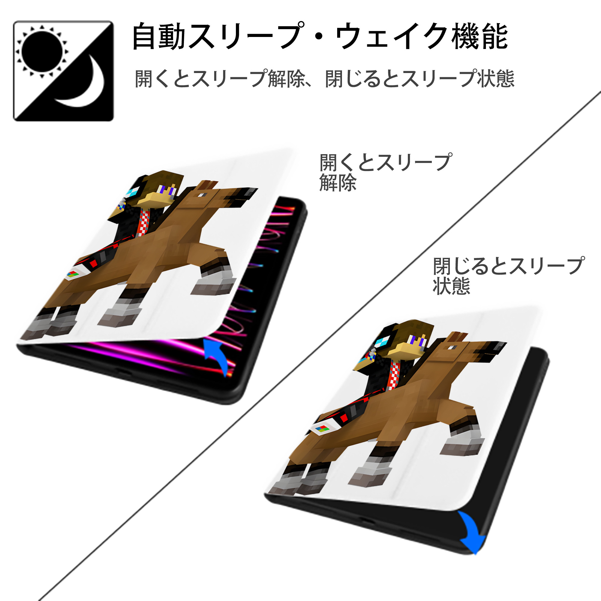 マインクラフト ブロックの世界 Minecraft MC Block world IPad ケース ペン収納付き 三つ折りスタンド PUレザー×シリコン 対応機種9.5/10.5/10.9インチ