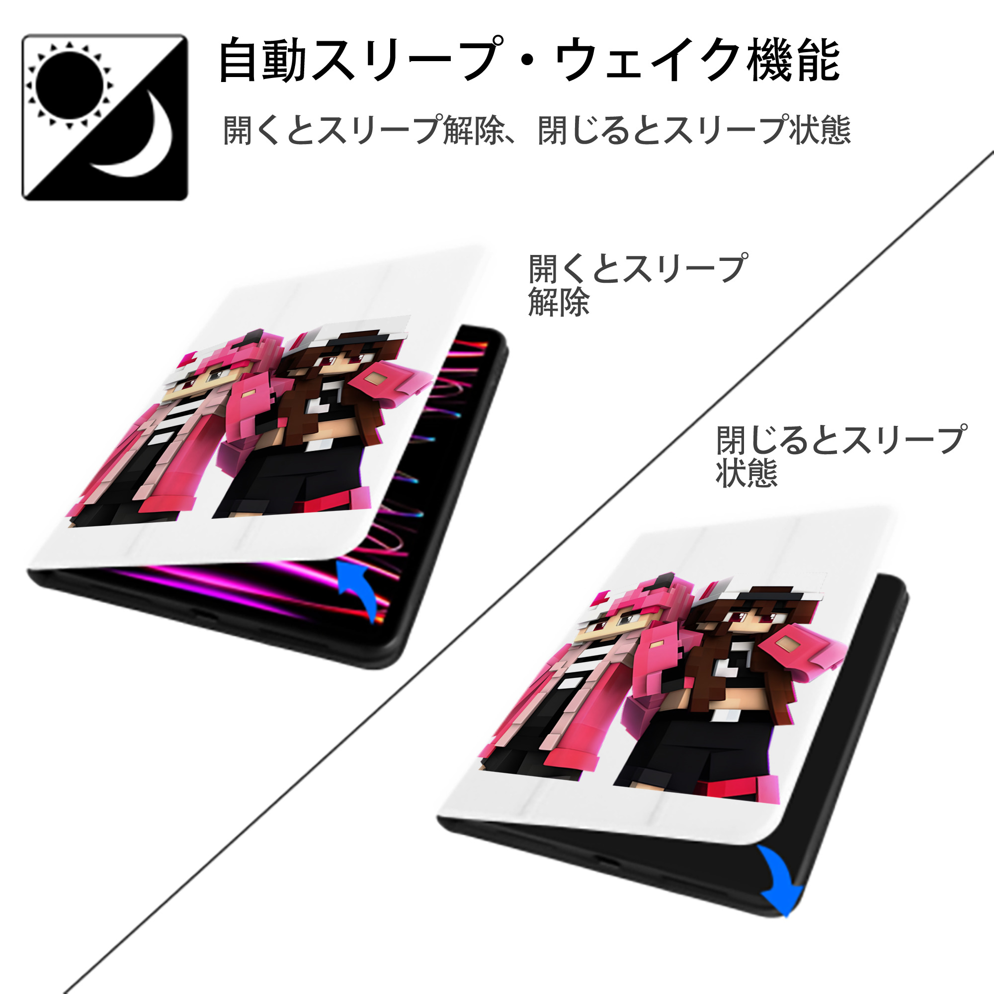 マインクラフト ブロックの世界 Minecraft MC Block world IPad ケース ペン収納付き 三つ折りスタンド PUレザー×シリコン 対応機種9.5/10.5/10.9インチ