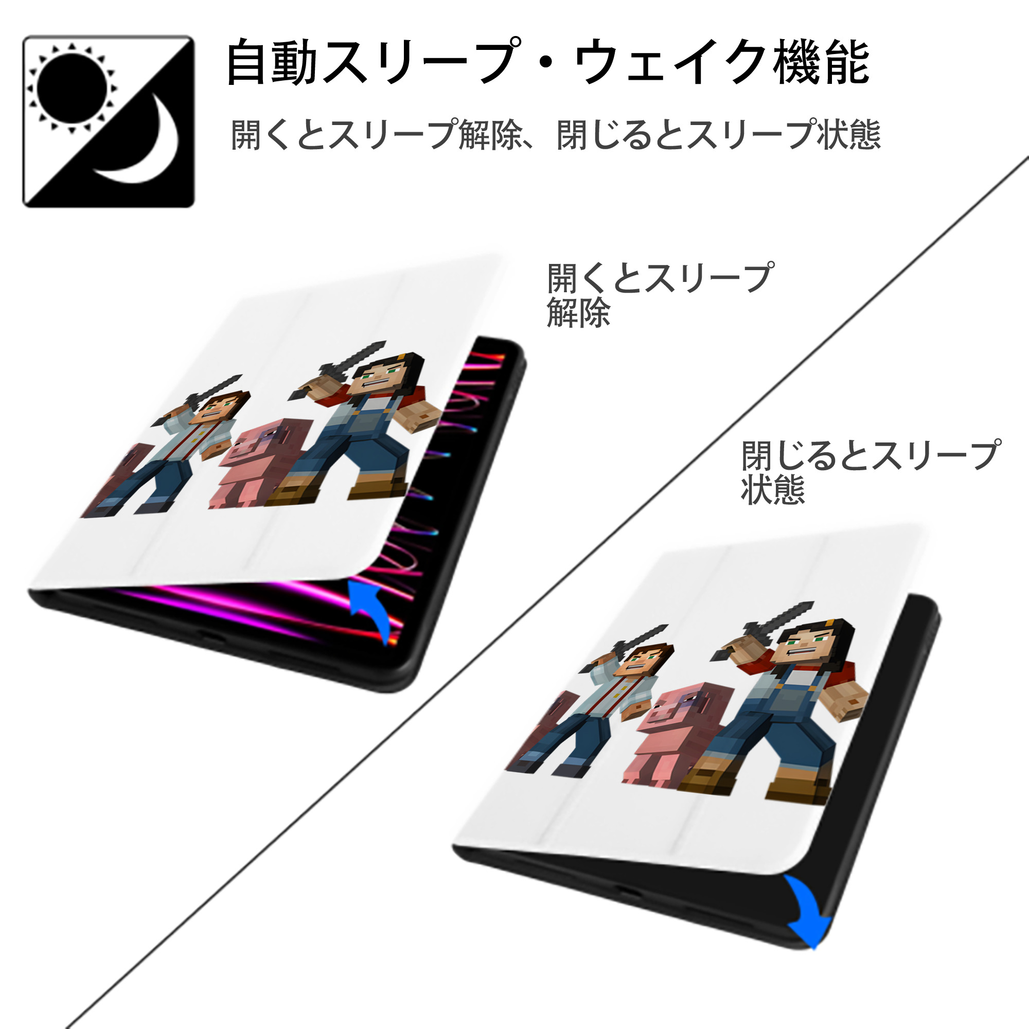 マインクラフト ブロックの世界 Minecraft MC Block world IPad ケース ペン収納付き 三つ折りスタンド PUレザー×シリコン 対応機種9.5/10.5/10.9インチ