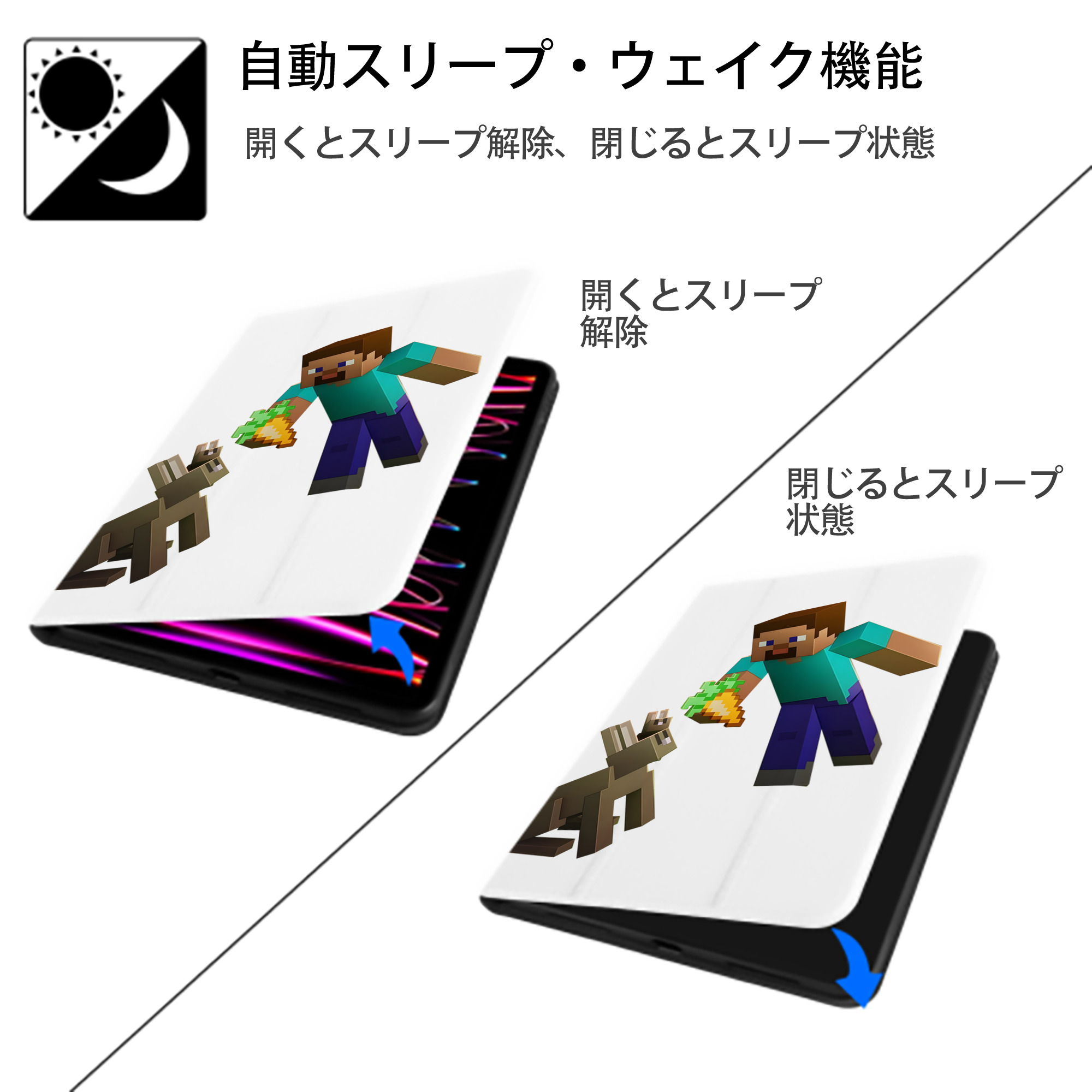 マインクラフト ブロックの世界 Minecraft MC Block world IPad ケース ペン収納付き 三つ折りスタンド PUレザー×シリコン 対応機種9.5/10.5/10.9インチ