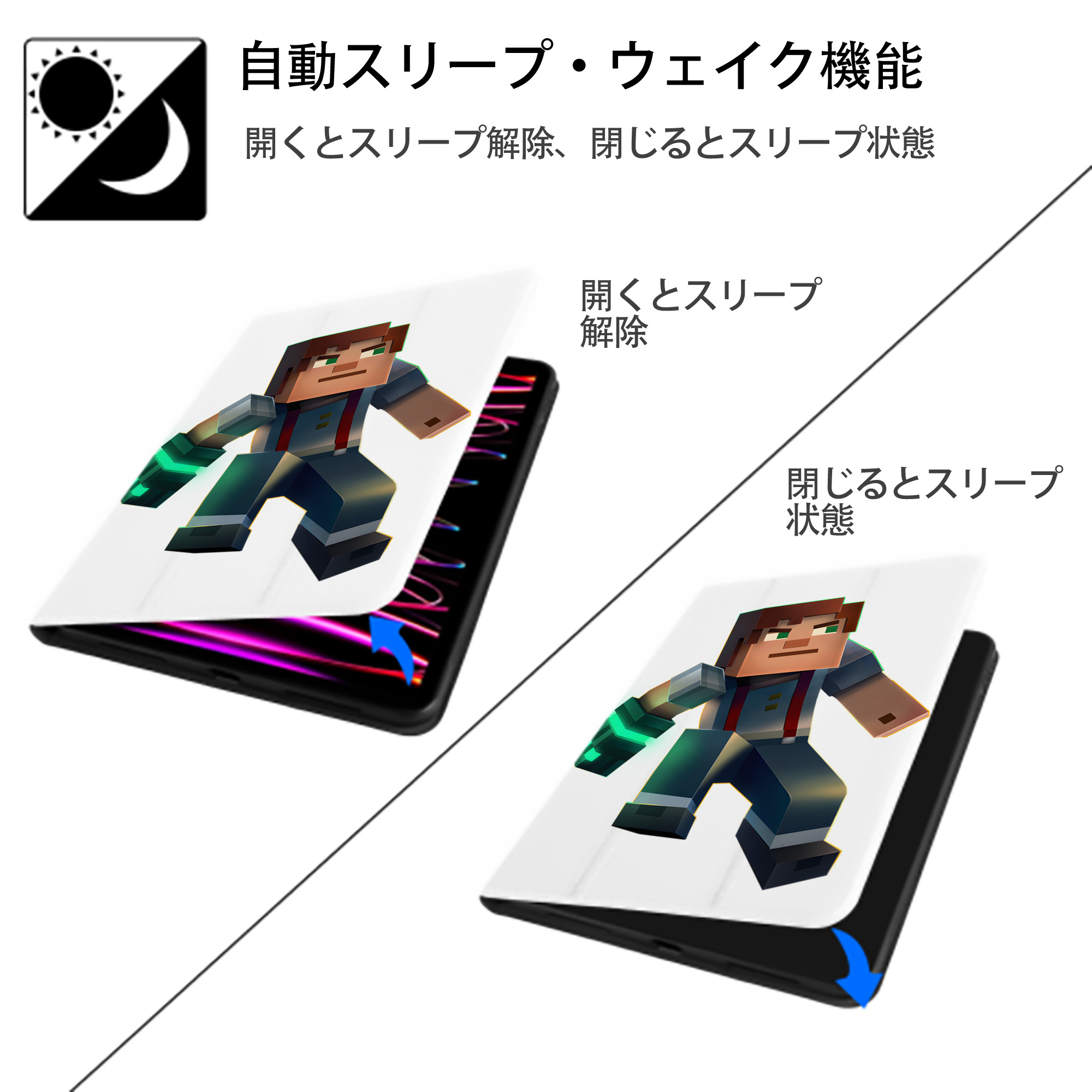 マインクラフト ブロックの世界 Minecraft MC Block world IPad ケース ペン収納付き 三つ折りスタンド PUレザー×シリコン 対応機種9.5/10.5/10.9インチ
