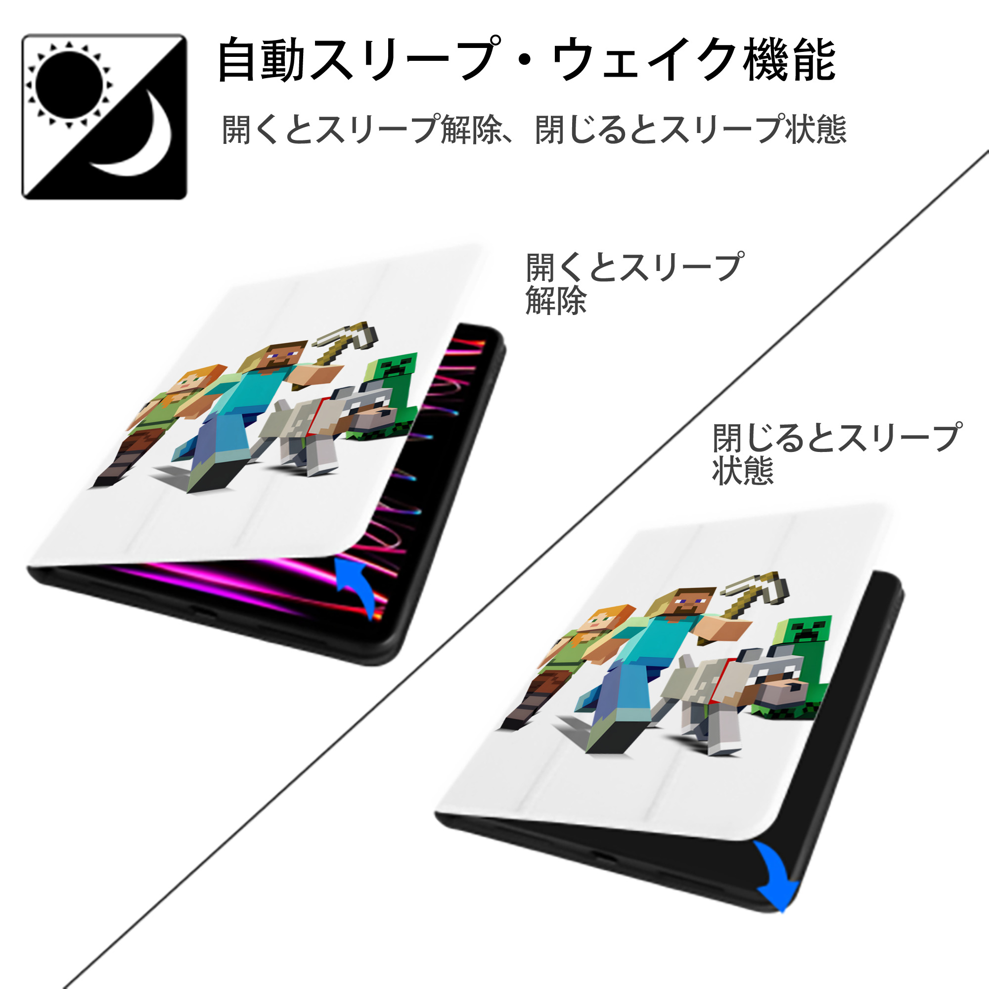マインクラフト ブロックの世界 Minecraft MC Block world IPad ケース ペン収納付き 三つ折りスタンド PUレザー×シリコン 対応機種9.5/10.5/10.9インチ