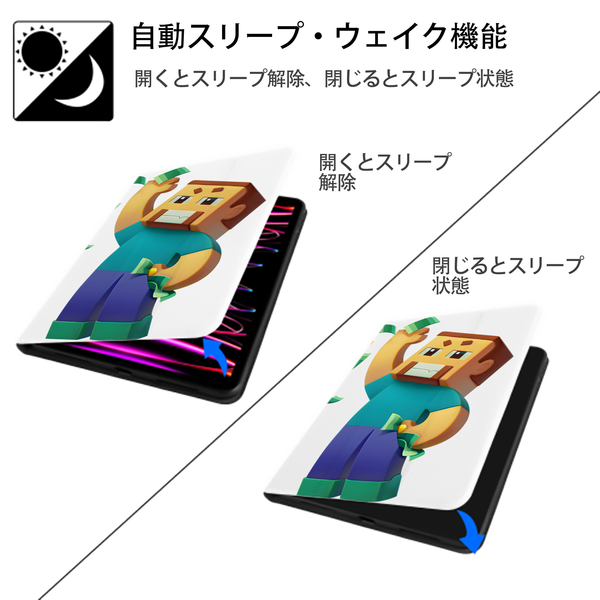 マインクラフト ブロックの世界 Minecraft MC Block world IPad ケース ペン収納付き 三つ折りスタンド PUレザー×シリコン 対応機種9.5/10.5/10.9インチ