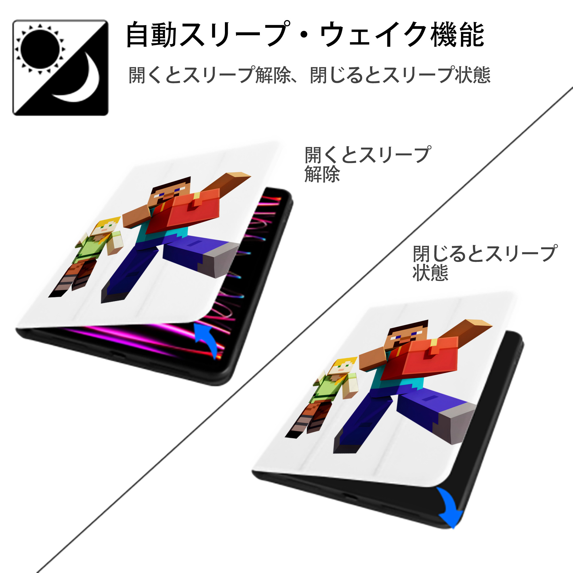 マインクラフト ブロックの世界 Minecraft MC Block world IPad ケース ペン収納付き 三つ折りスタンド PUレザー×シリコン 対応機種9.5/10.5/10.9インチ