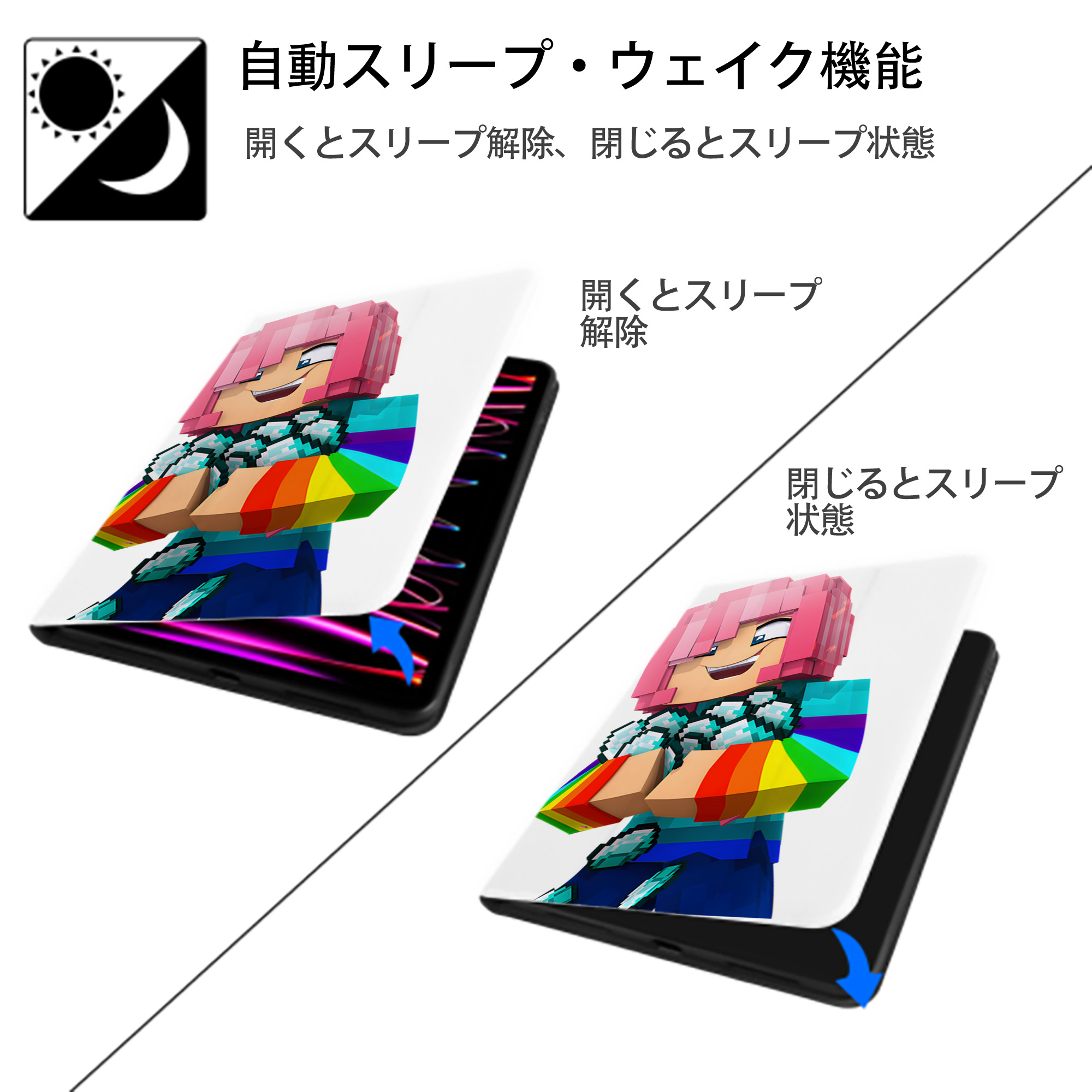 マインクラフト ブロックの世界 Minecraft MC Block world IPad ケース ペン収納付き 三つ折りスタンド PUレザー×シリコン 対応機種9.5/10.5/10.9インチ