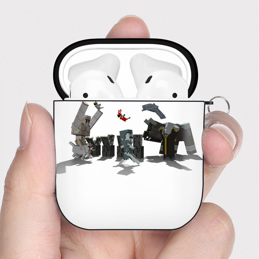 （画像用） マインクラフト ブロックの世界 Minecraft MC Block world AirPods 第2世代保護ケース ハードシェル ブラック 耐衝撃・防指紋・カラビナ付き