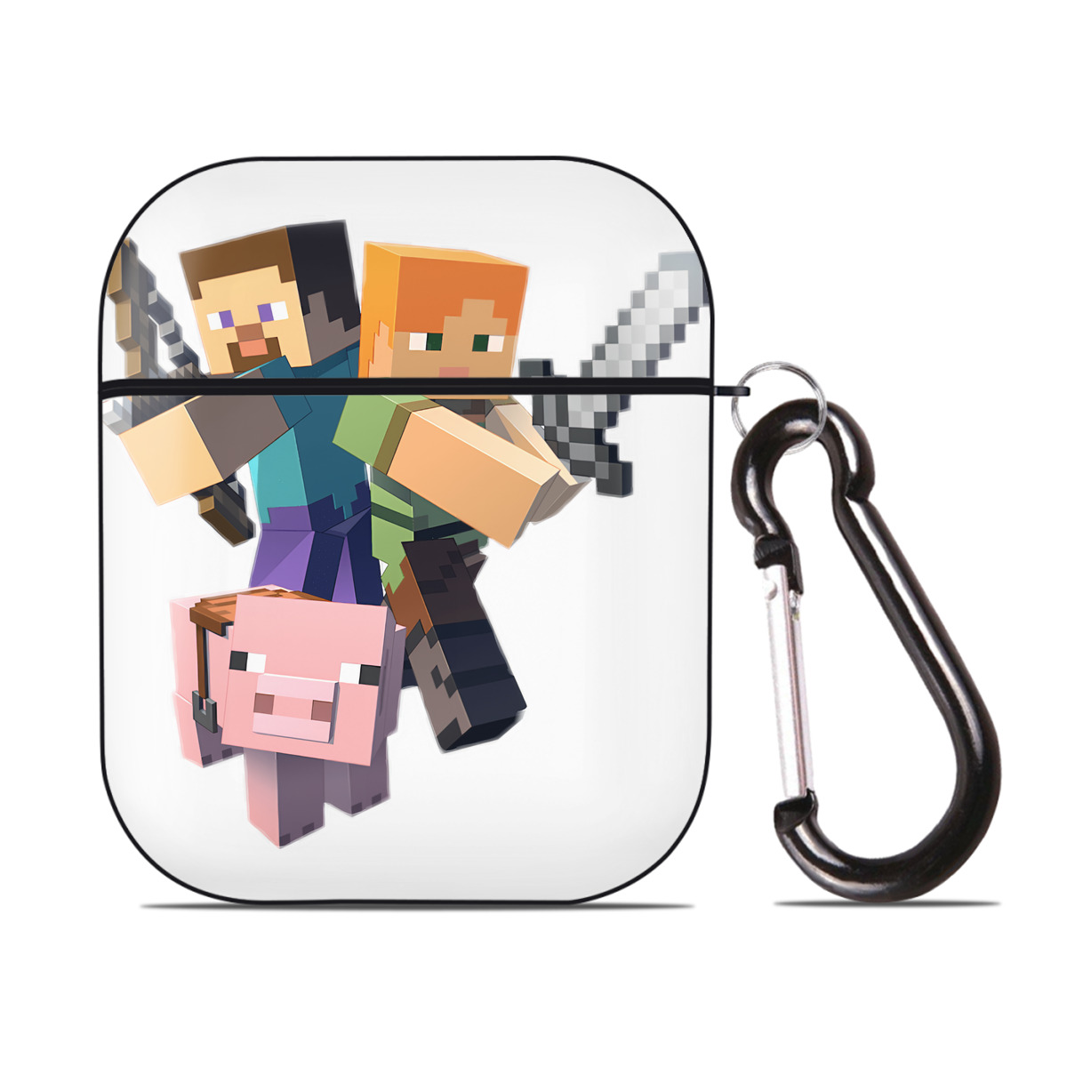 （画像用） マインクラフト ブロックの世界 Minecraft MC Block world AirPods 第2世代保護ケース ハードシェル ブラック 耐衝撃・防指紋・カラビナ付き