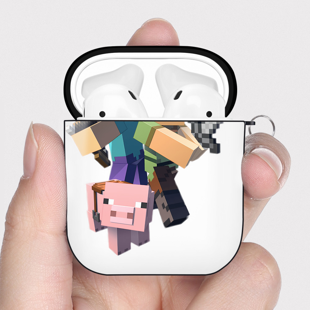 （画像用） マインクラフト ブロックの世界 Minecraft MC Block world AirPods 第2世代保護ケース ハードシェル ブラック 耐衝撃・防指紋・カラビナ付き