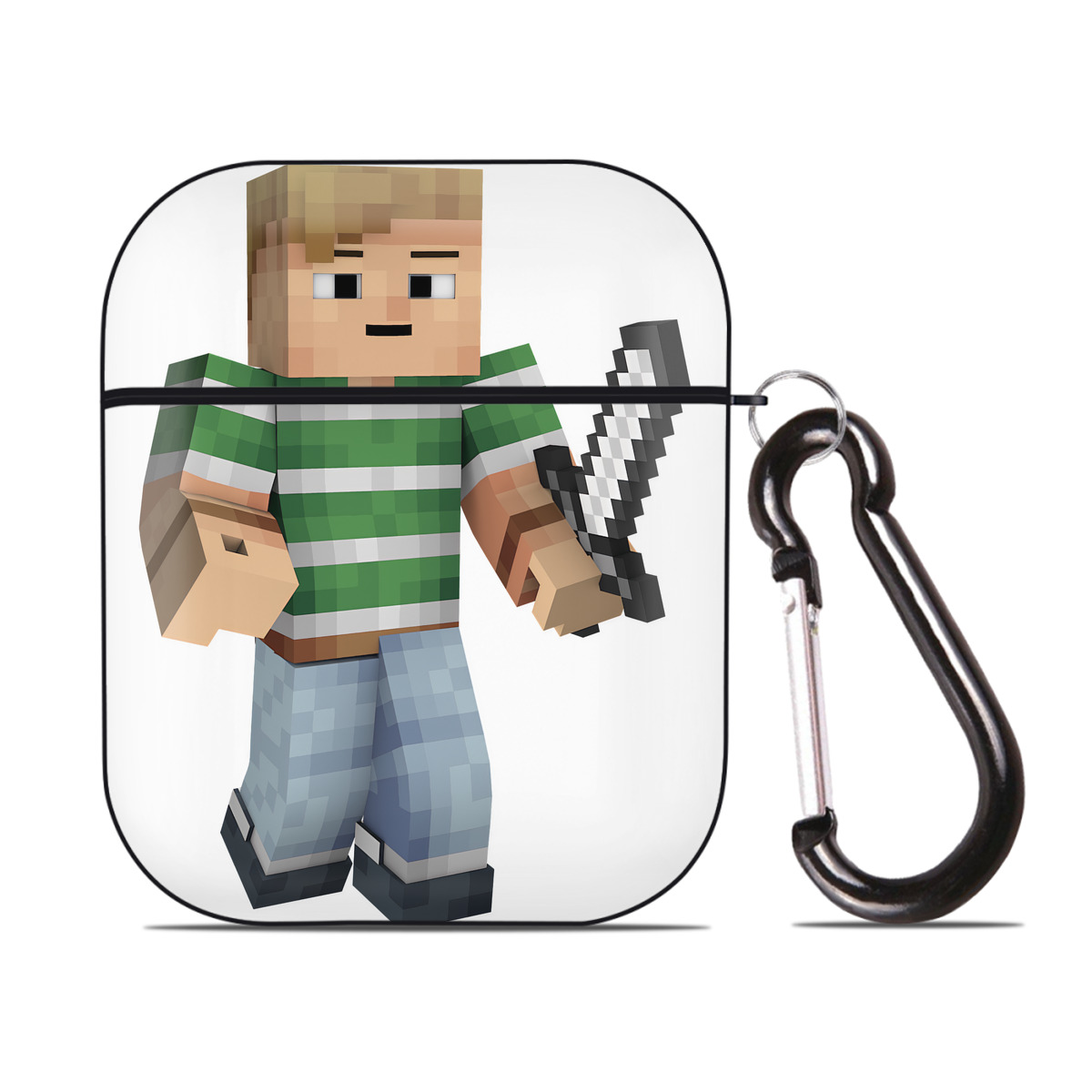 （画像用） マインクラフト ブロックの世界 Minecraft MC Block world AirPods 第2世代保護ケース ハードシェル ブラック 耐衝撃・防指紋・カラビナ付き