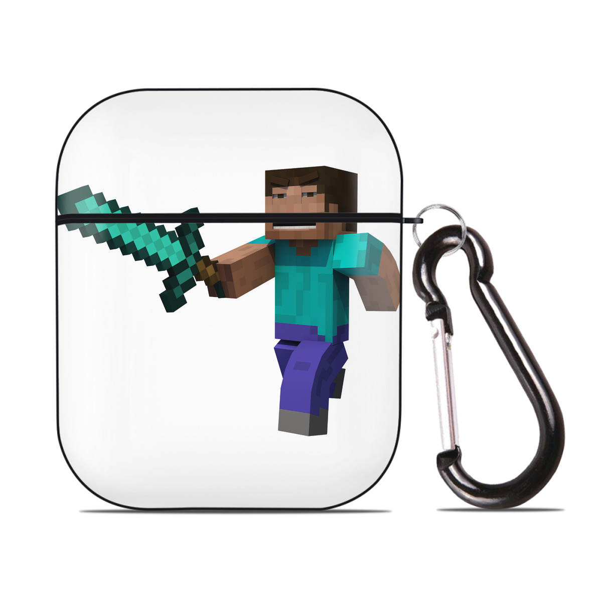 （画像用） マインクラフト ブロックの世界 Minecraft MC Block world AirPods 第2世代保護ケース ハードシェル ブラック 耐衝撃・防指紋・カラビナ付き