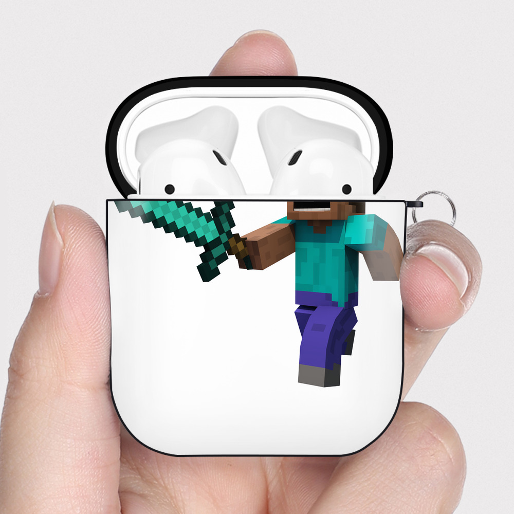 （画像用） マインクラフト ブロックの世界 Minecraft MC Block world AirPods 第2世代保護ケース ハードシェル ブラック 耐衝撃・防指紋・カラビナ付き