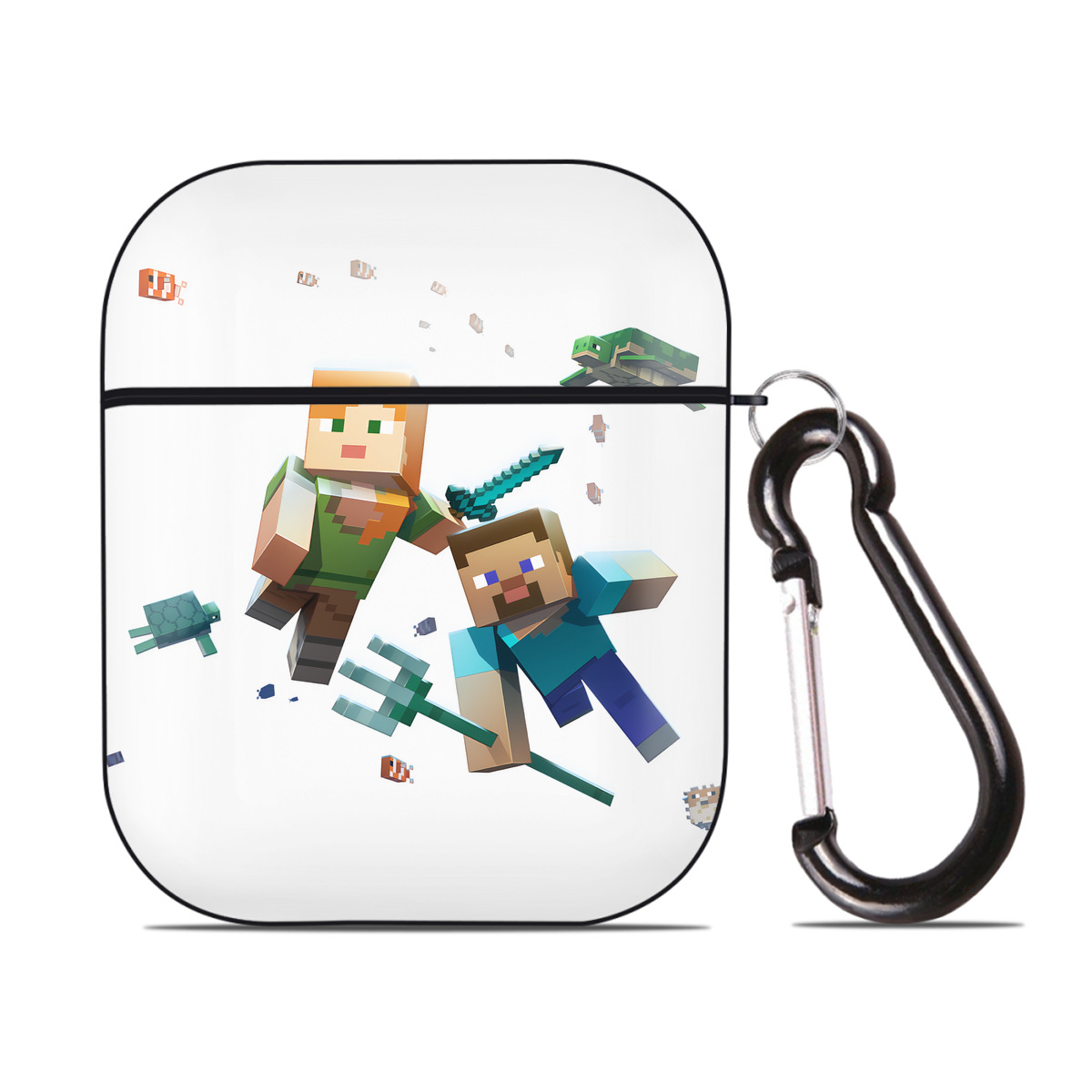 （画像用） マインクラフト ブロックの世界 Minecraft MC Block world AirPods 第2世代保護ケース ハードシェル ブラック 耐衝撃・防指紋・カラビナ付き