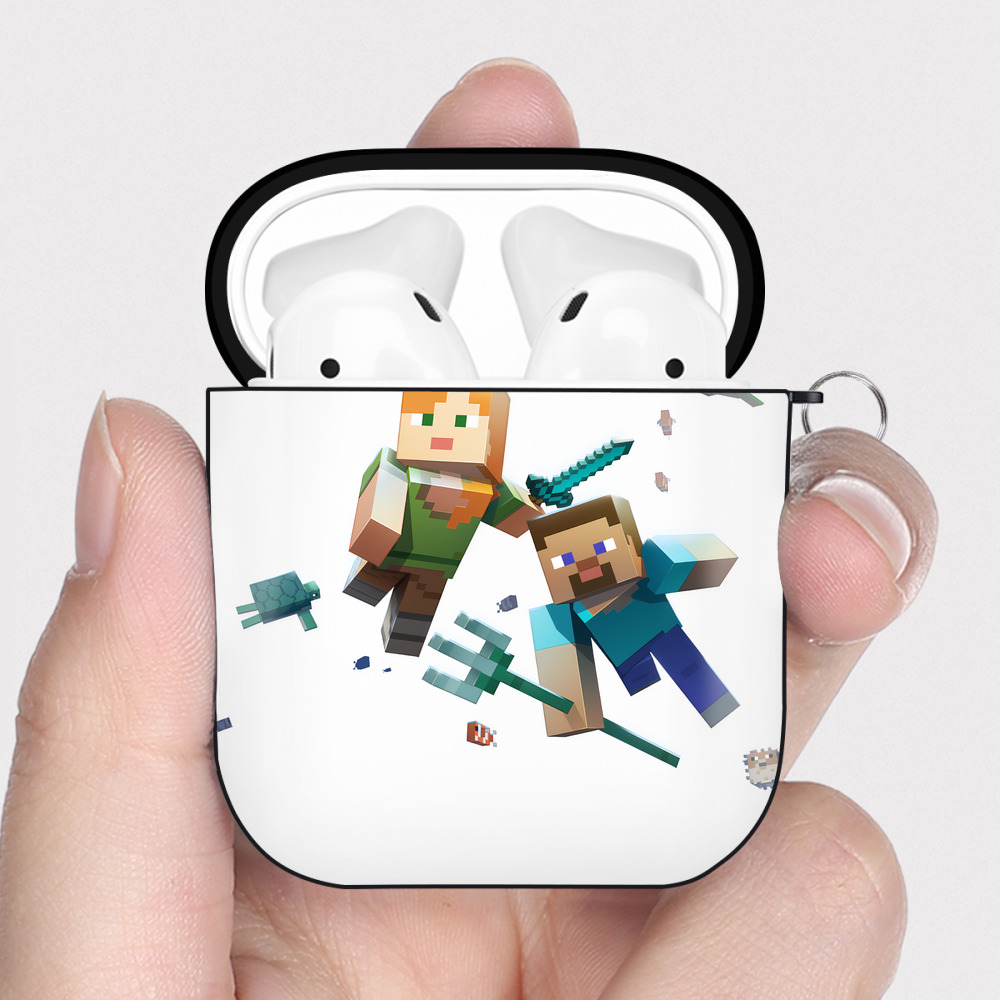 （画像用） マインクラフト ブロックの世界 Minecraft MC Block world AirPods 第2世代保護ケース ハードシェル ブラック 耐衝撃・防指紋・カラビナ付き