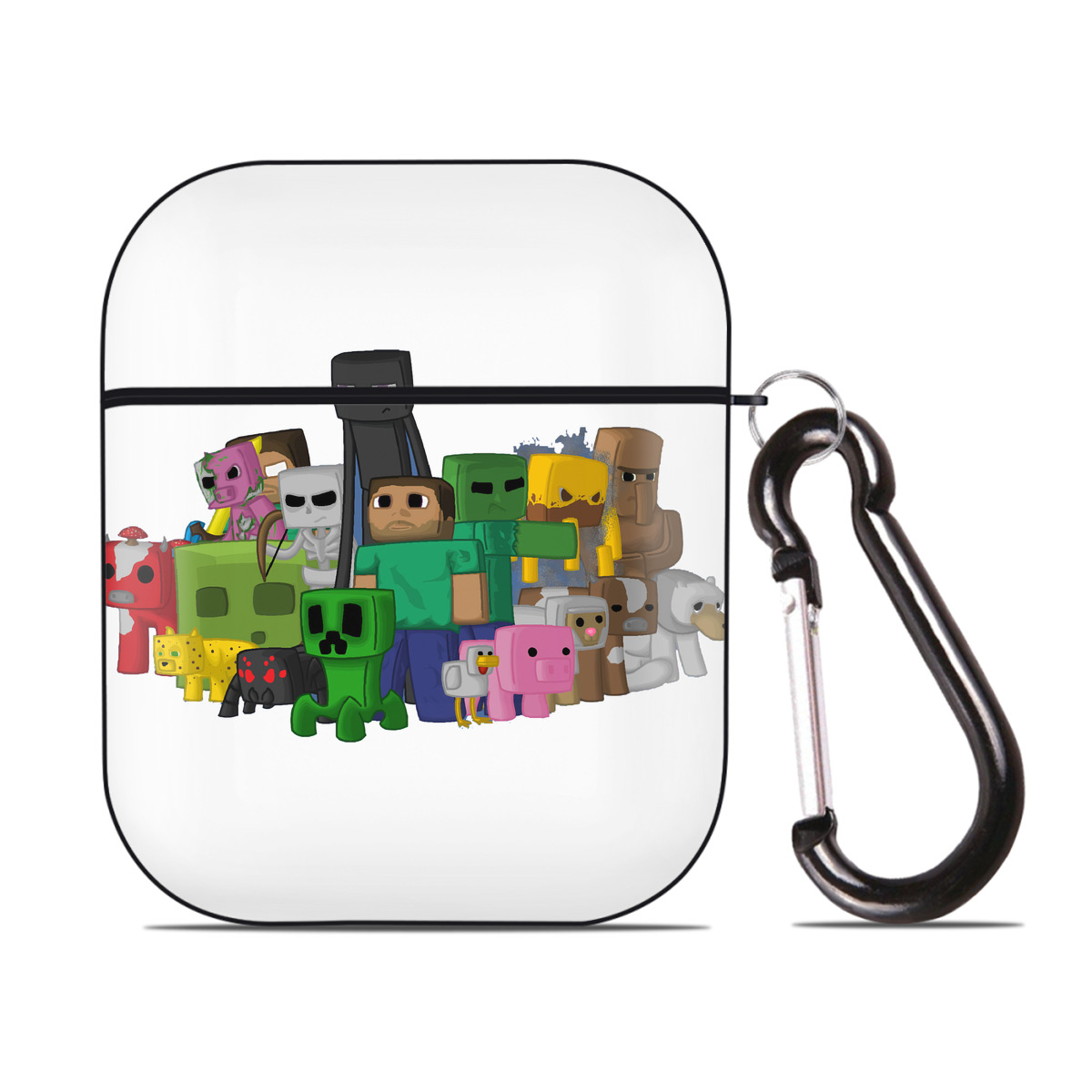 （画像用） マインクラフト ブロックの世界 Minecraft MC Block world AirPods 第2世代保護ケース ハードシェル ブラック 耐衝撃・防指紋・カラビナ付き