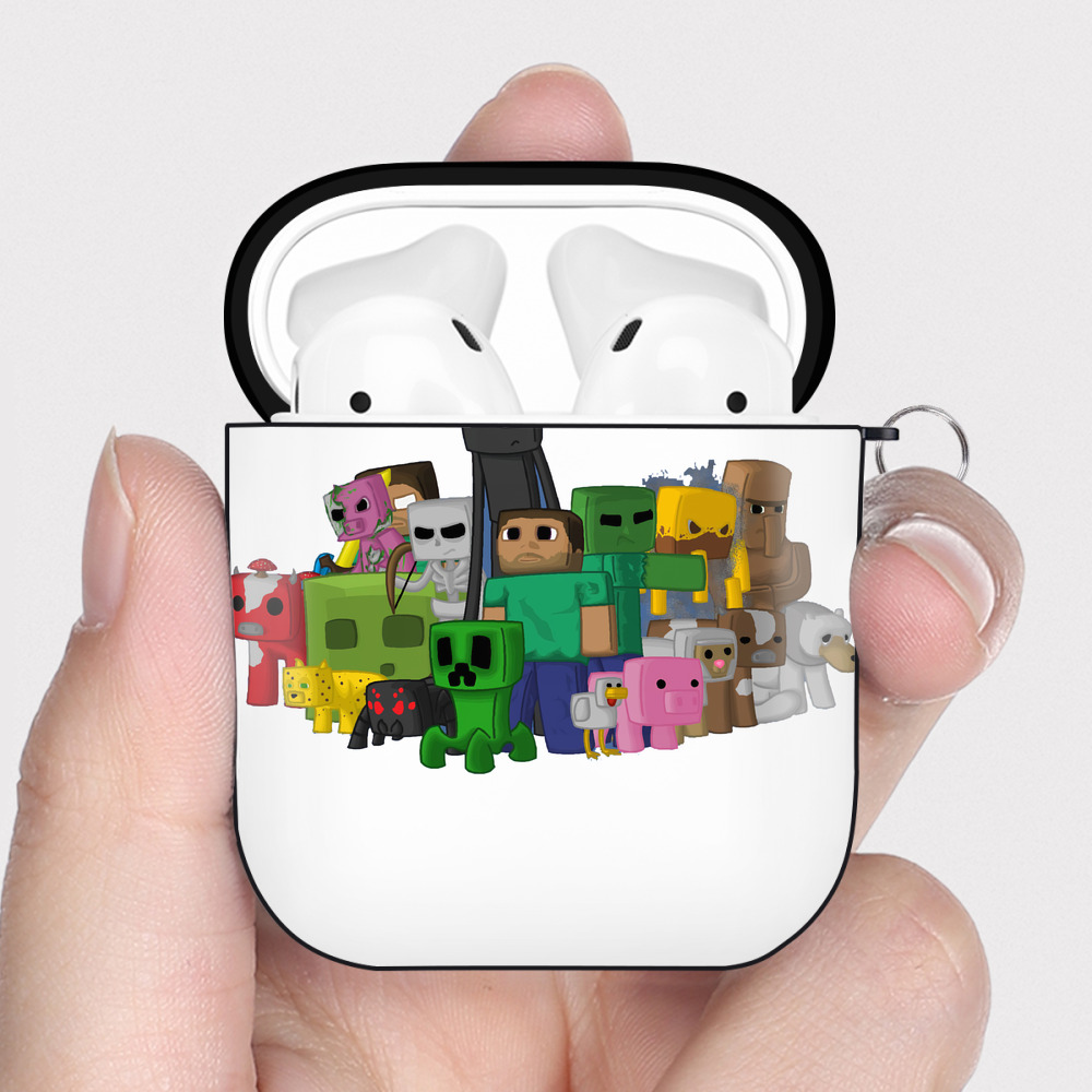 （画像用） マインクラフト ブロックの世界 Minecraft MC Block world AirPods 第2世代保護ケース ハードシェル ブラック 耐衝撃・防指紋・カラビナ付き