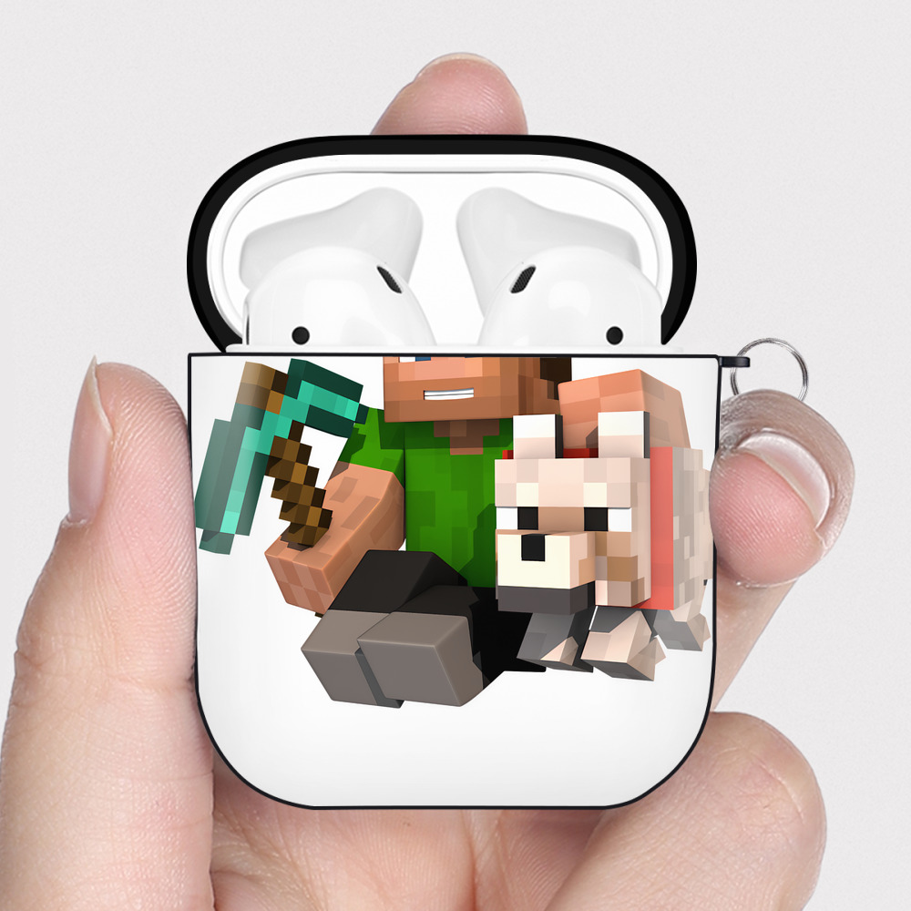 （画像用） マインクラフト ブロックの世界 Minecraft MC Block world AirPods 第2世代保護ケース ハードシェル ブラック 耐衝撃・防指紋・カラビナ付き