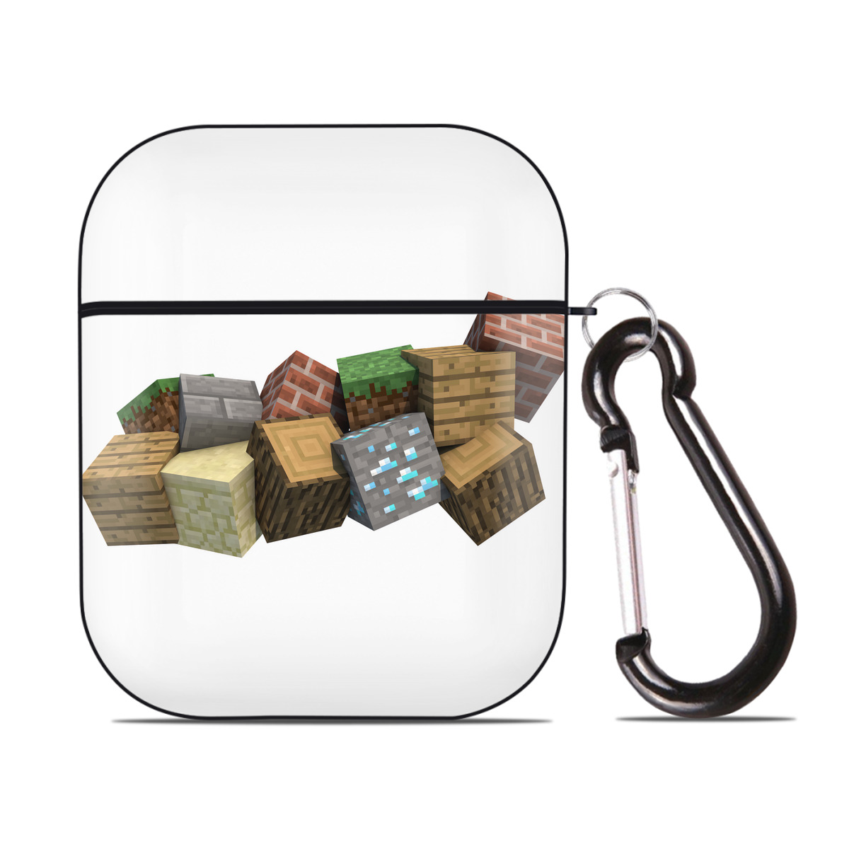 （画像用） マインクラフト ブロックの世界 Minecraft MC Block world AirPods 第2世代保護ケース ハードシェル ブラック 耐衝撃・防指紋・カラビナ付き
