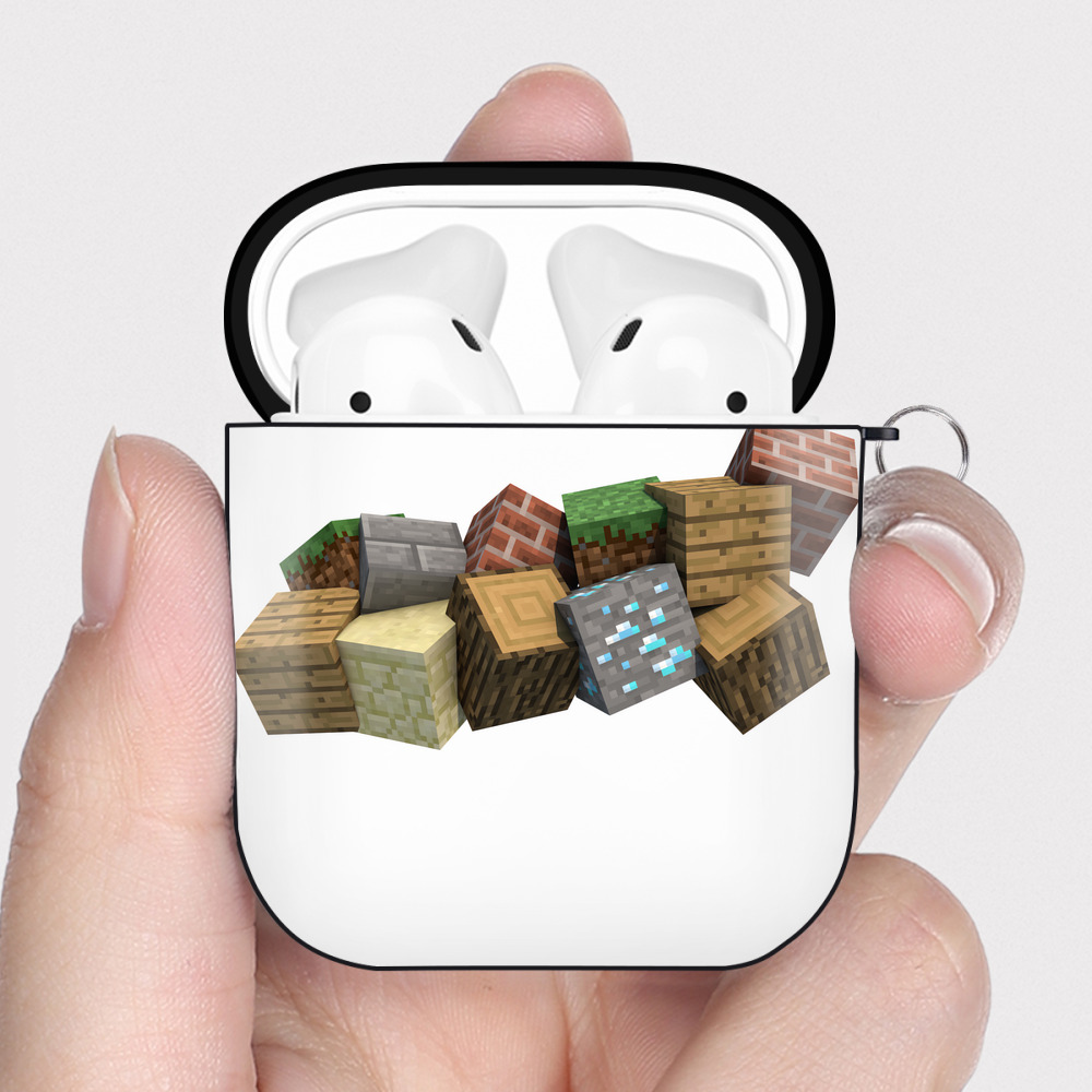 （画像用） マインクラフト ブロックの世界 Minecraft MC Block world AirPods 第2世代保護ケース ハードシェル ブラック 耐衝撃・防指紋・カラビナ付き