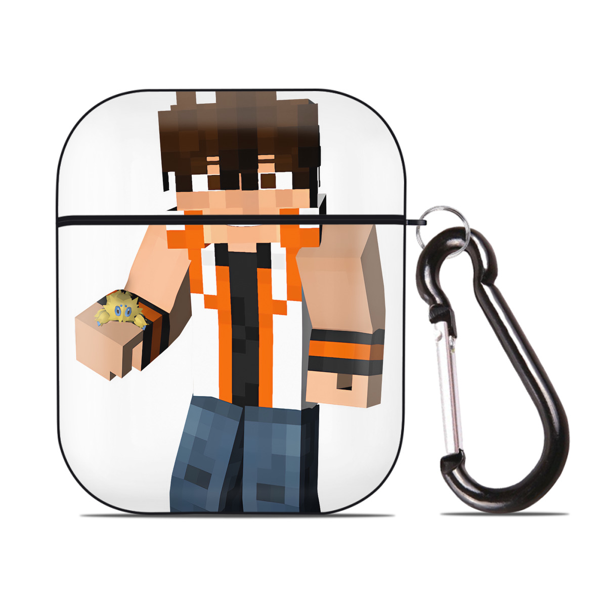 （画像用） マインクラフト ブロックの世界 Minecraft MC Block world AirPods 第2世代保護ケース ハードシェル ブラック 耐衝撃・防指紋・カラビナ付き