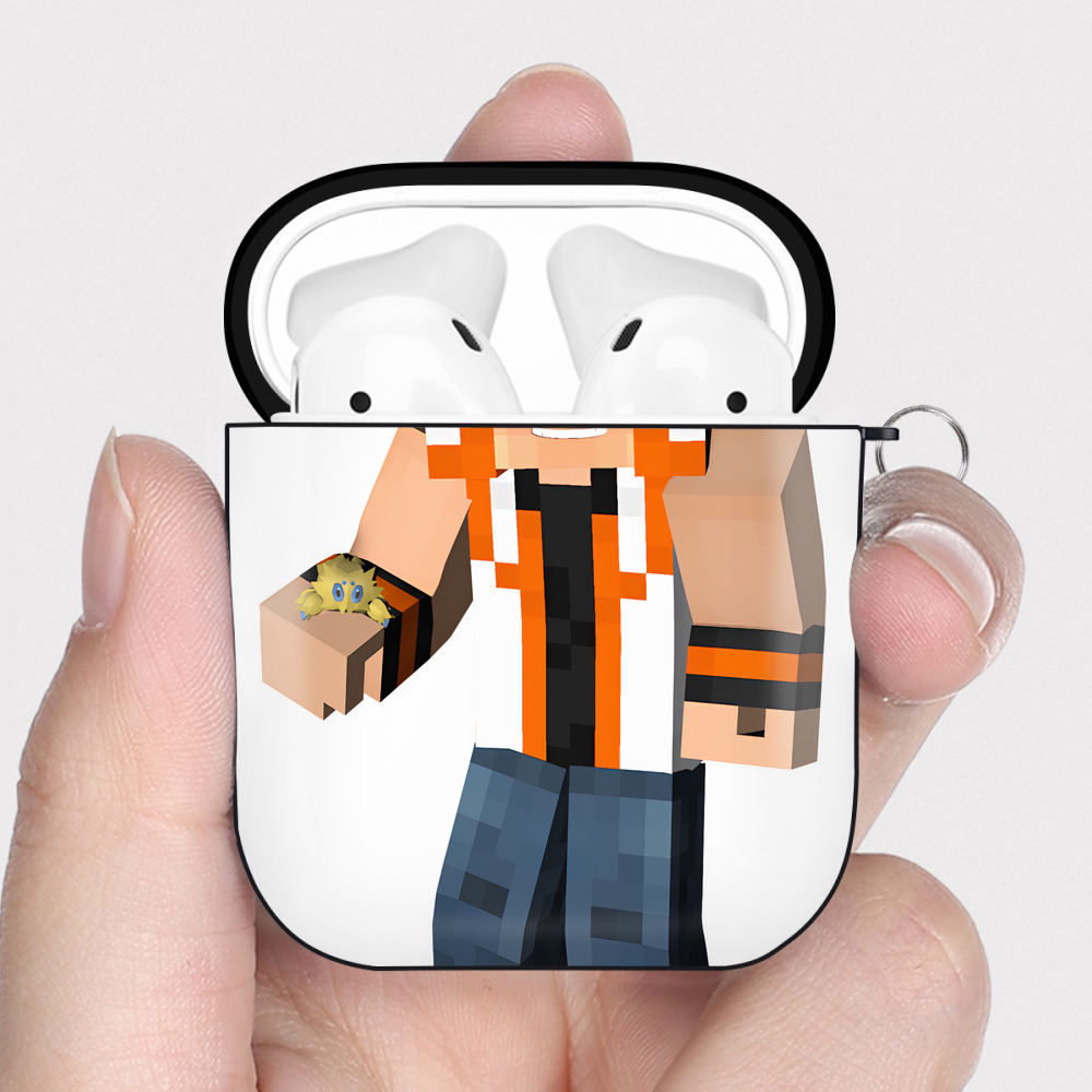 （画像用） マインクラフト ブロックの世界 Minecraft MC Block world AirPods 第2世代保護ケース ハードシェル ブラック 耐衝撃・防指紋・カラビナ付き