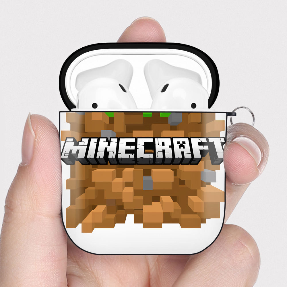 （画像用） マインクラフト ブロックの世界 Minecraft MC Block world AirPods 第2世代保護ケース ハードシェル ブラック 耐衝撃・防指紋・カラビナ付き