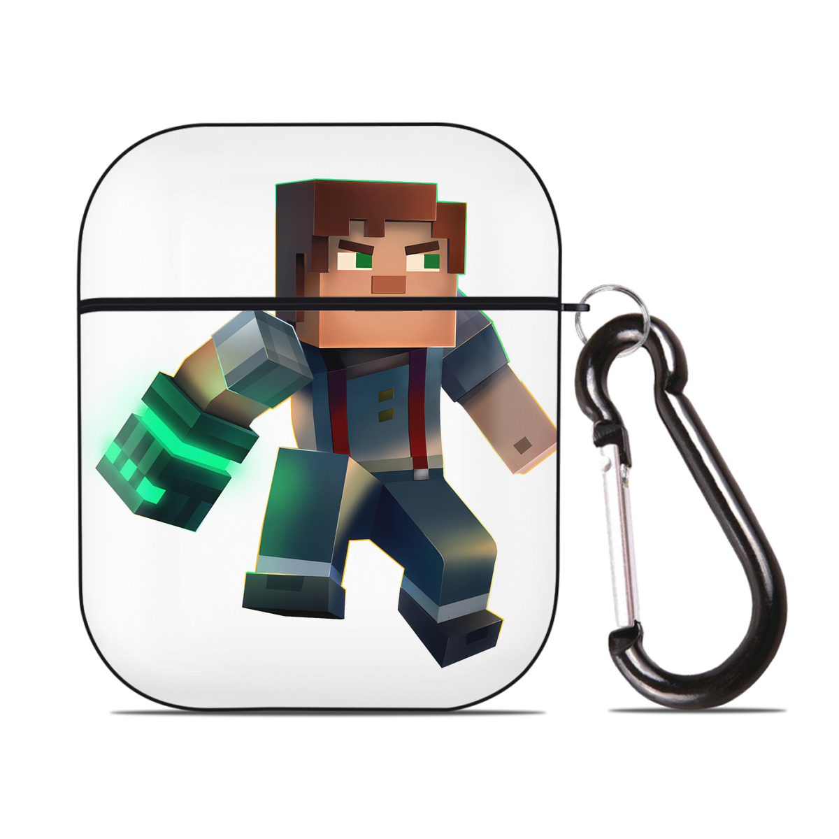 （画像用） マインクラフト ブロックの世界 Minecraft MC Block world AirPods 第2世代保護ケース ハードシェル ブラック 耐衝撃・防指紋・カラビナ付き