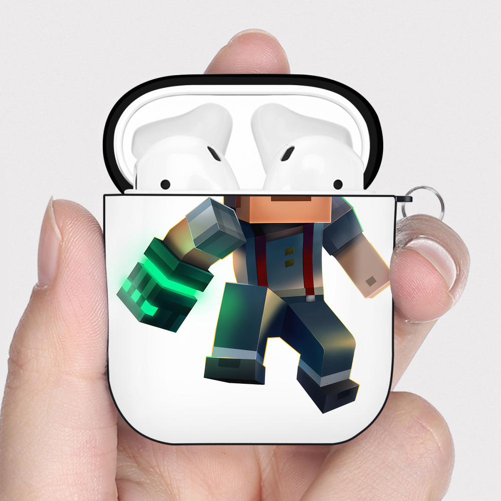 （画像用） マインクラフト ブロックの世界 Minecraft MC Block world AirPods 第2世代保護ケース ハードシェル ブラック 耐衝撃・防指紋・カラビナ付き