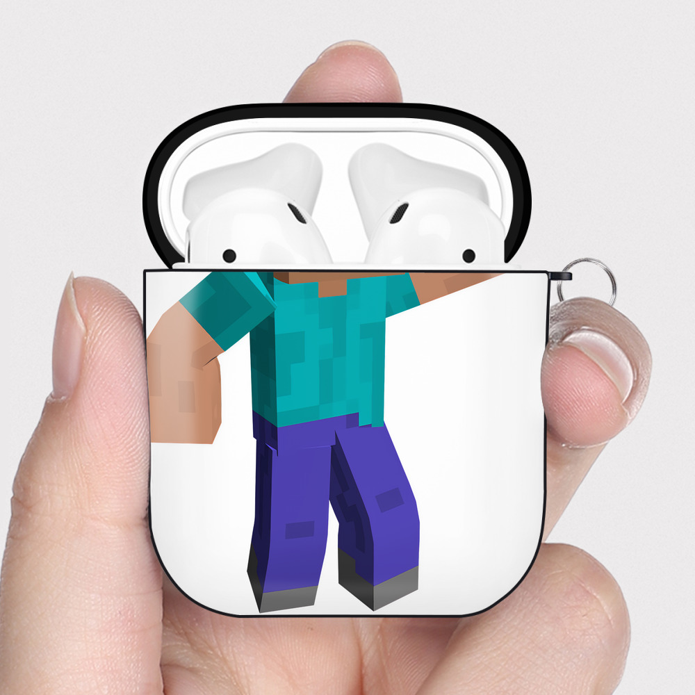 （画像用） マインクラフト ブロックの世界 Minecraft MC Block world AirPods 第2世代保護ケース ハードシェル ブラック 耐衝撃・防指紋・カラビナ付き