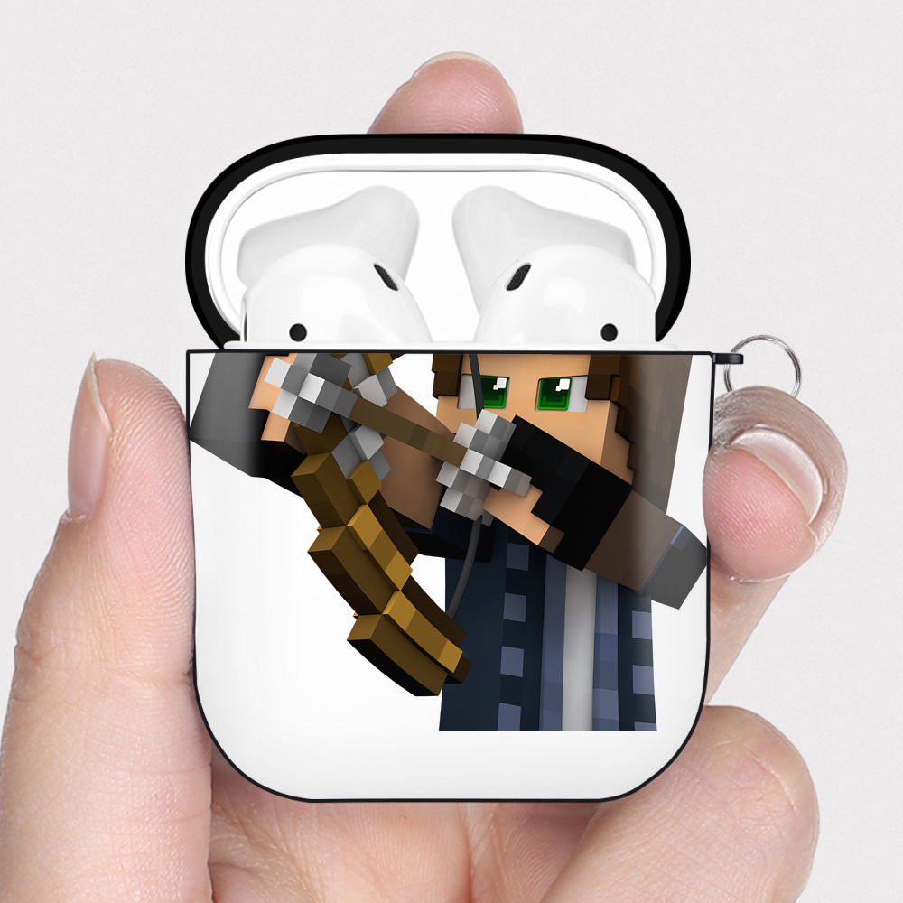 （画像用） マインクラフト ブロックの世界 Minecraft MC Block world AirPods 第2世代保護ケース ハードシェル ブラック 耐衝撃・防指紋・カラビナ付き