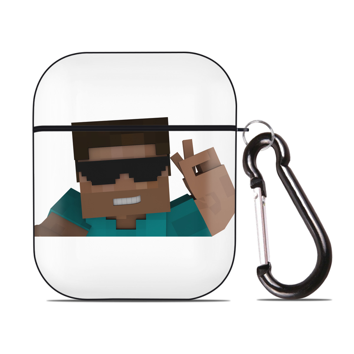 （画像用） マインクラフト ブロックの世界 Minecraft MC Block world AirPods 第2世代保護ケース ハードシェル ブラック 耐衝撃・防指紋・カラビナ付き