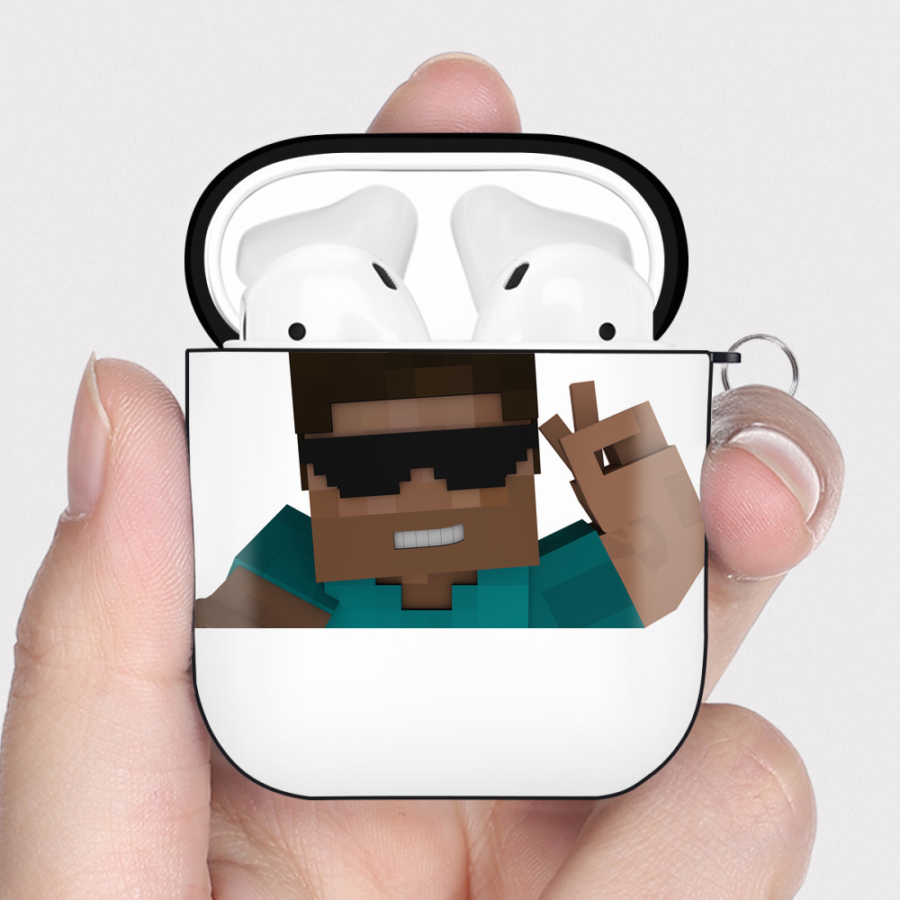 （画像用） マインクラフト ブロックの世界 Minecraft MC Block world AirPods 第2世代保護ケース ハードシェル ブラック 耐衝撃・防指紋・カラビナ付き