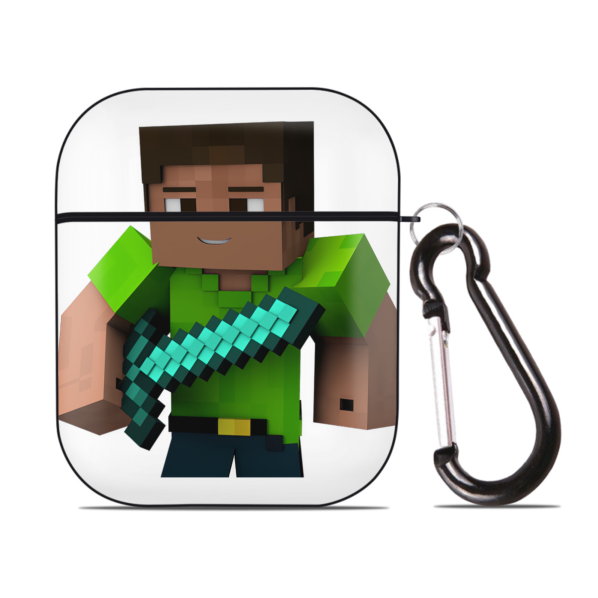 （画像用） マインクラフト ブロックの世界 Minecraft MC Block world AirPods 第2世代保護ケース ハードシェル ブラック 耐衝撃・防指紋・カラビナ付き